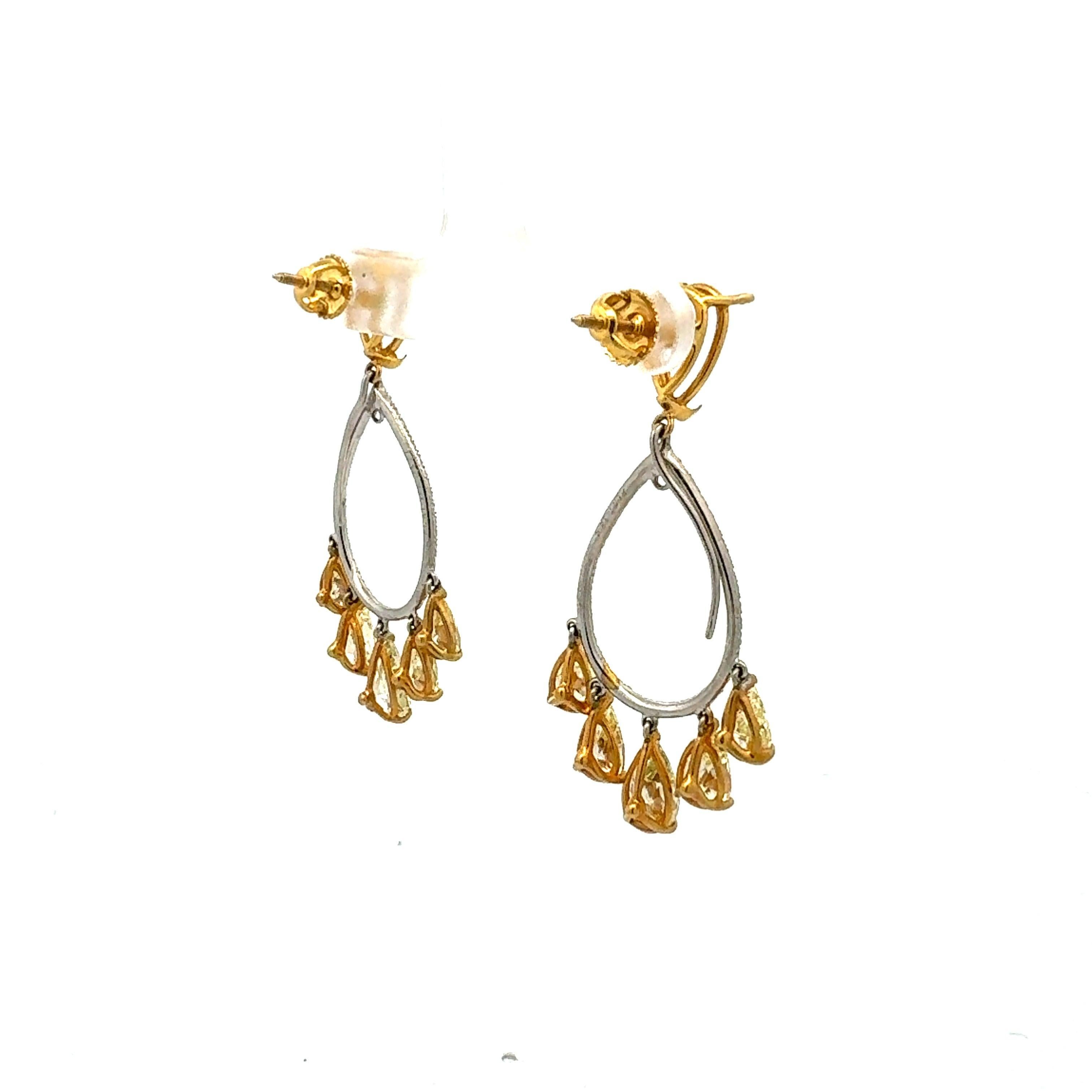 7.82 Carat Pear Shape Intense Fancy Yellow Diamond 18K Gold Drop Earrings For Sale 1