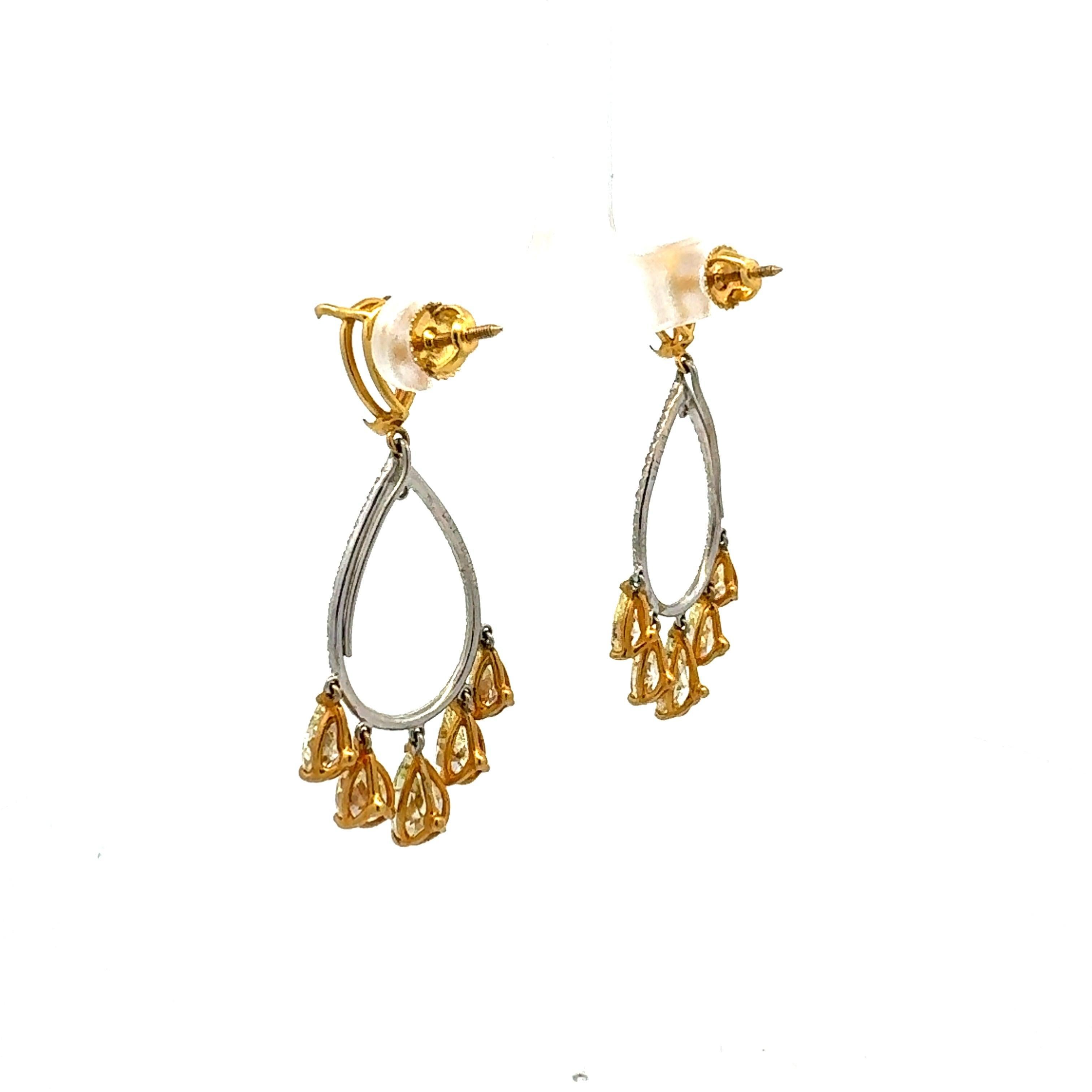 7.82 Carat Pear Shape Intense Fancy Yellow Diamond 18K Gold Drop Earrings For Sale 2