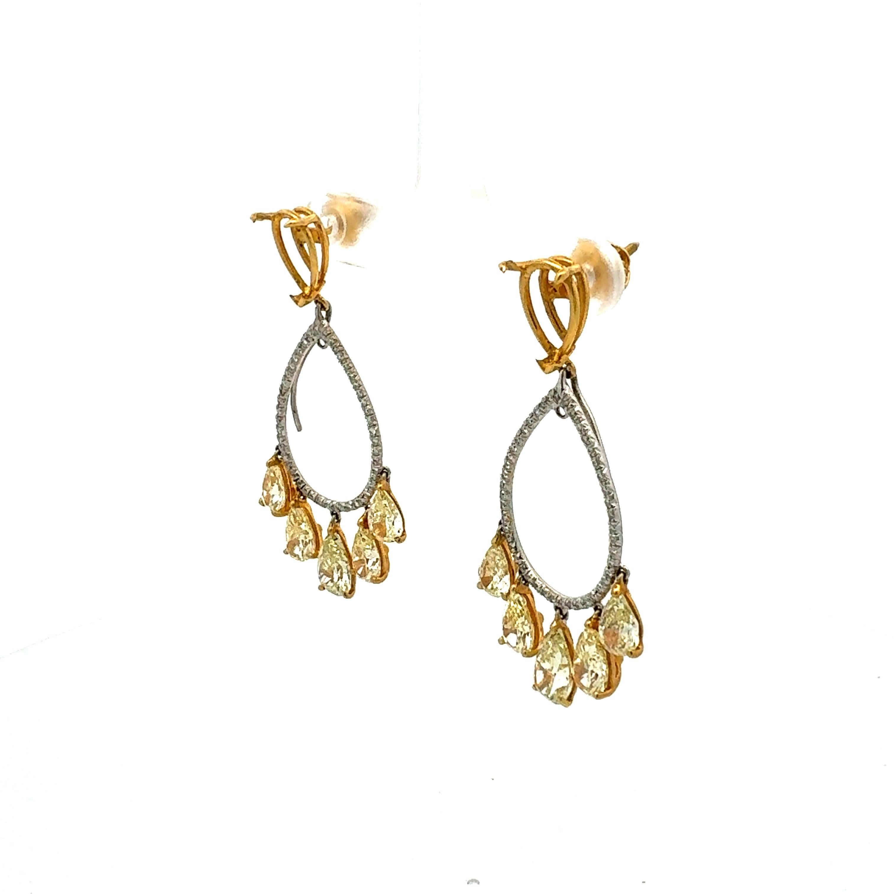 7.82 Carat Pear Shape Intense Fancy Yellow Diamond 18K Gold Drop Earrings For Sale 3