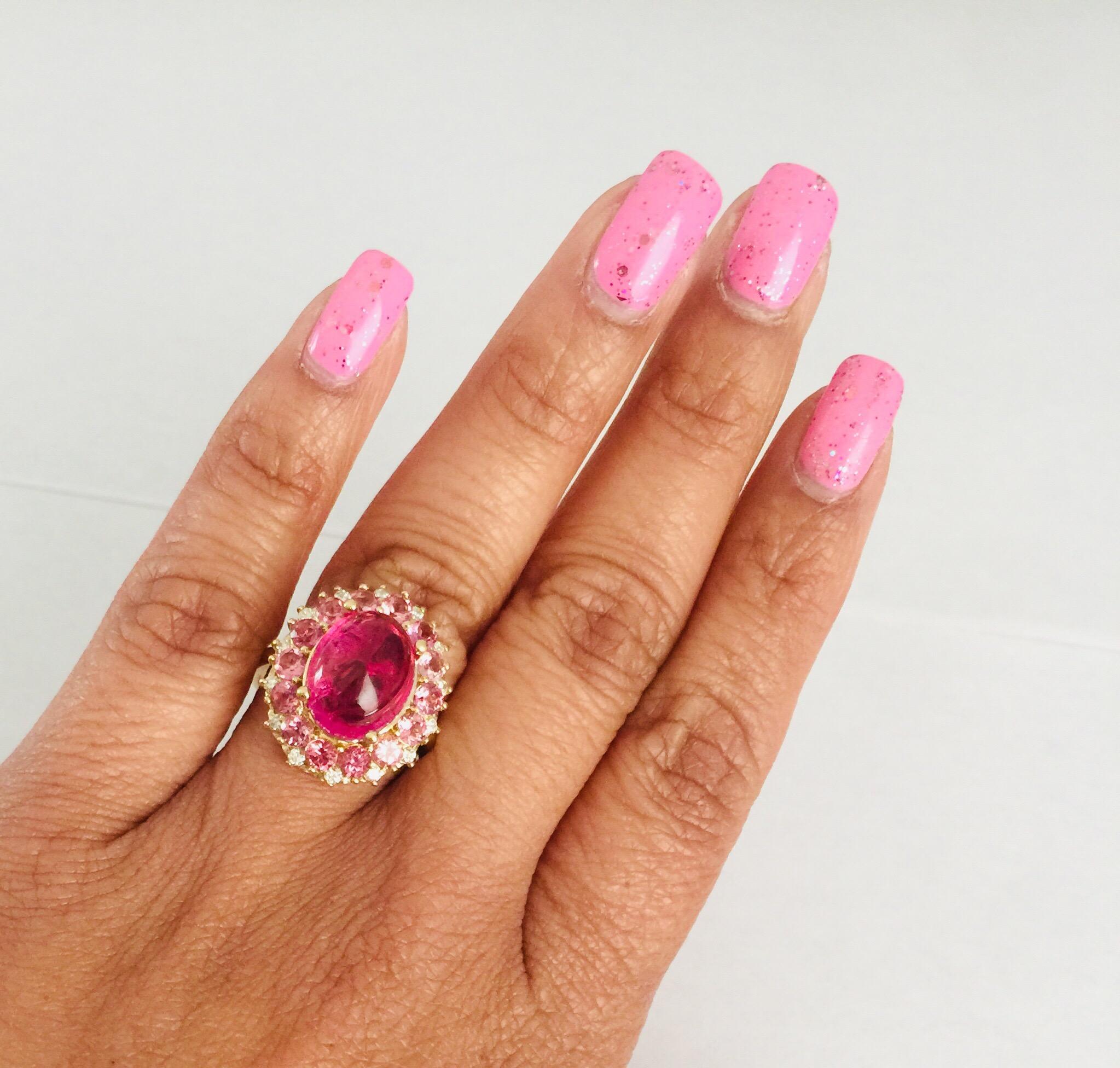7.82 Carat Pink Tourmaline Diamond 14 Karat Yellow Gold Cocktail Ring In New Condition In Los Angeles, CA