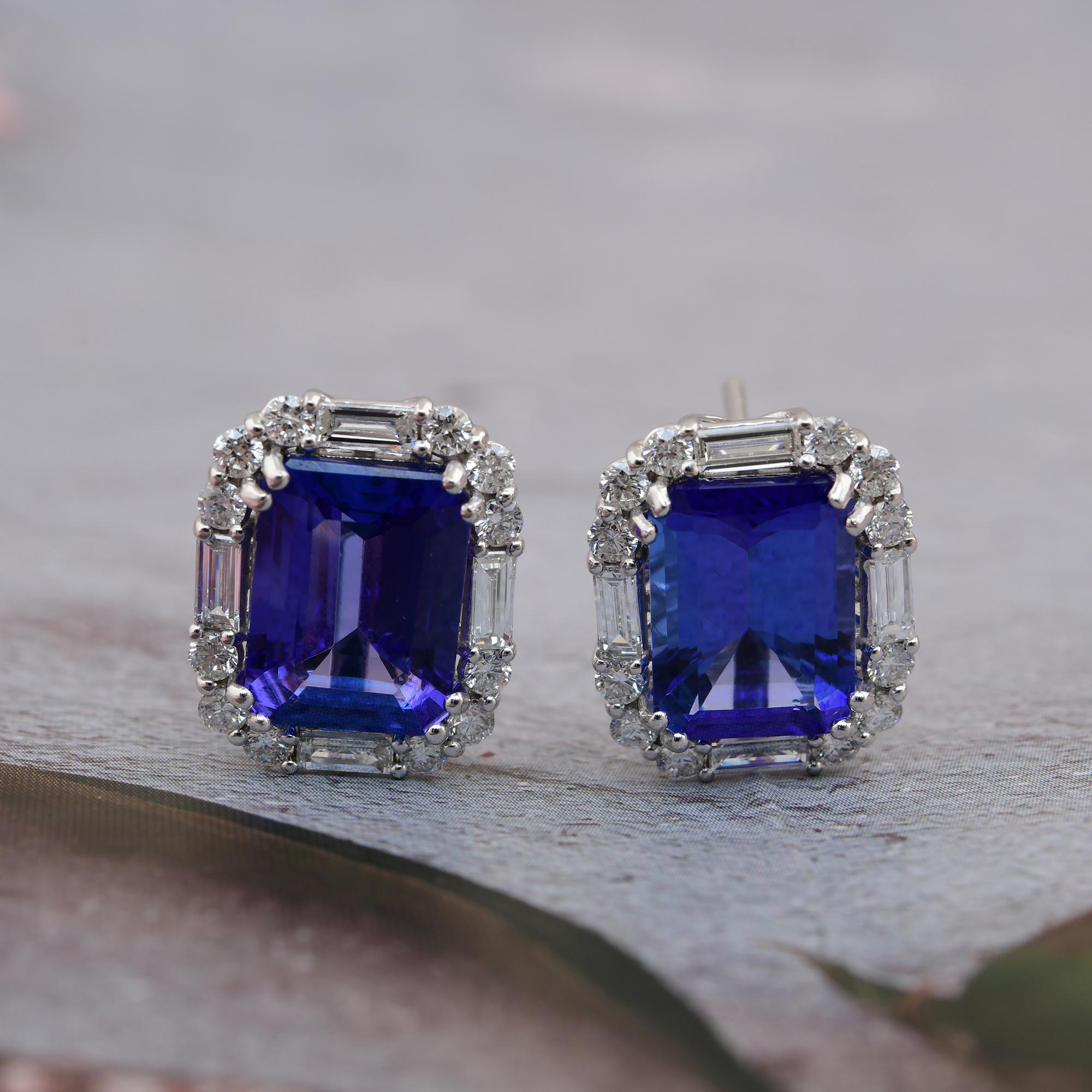 Emerald Cut 7.82 Carat Tanzanite Gemstone 1.35 Ct SI/H Diamond 18 Karat White Gold Earrings For Sale