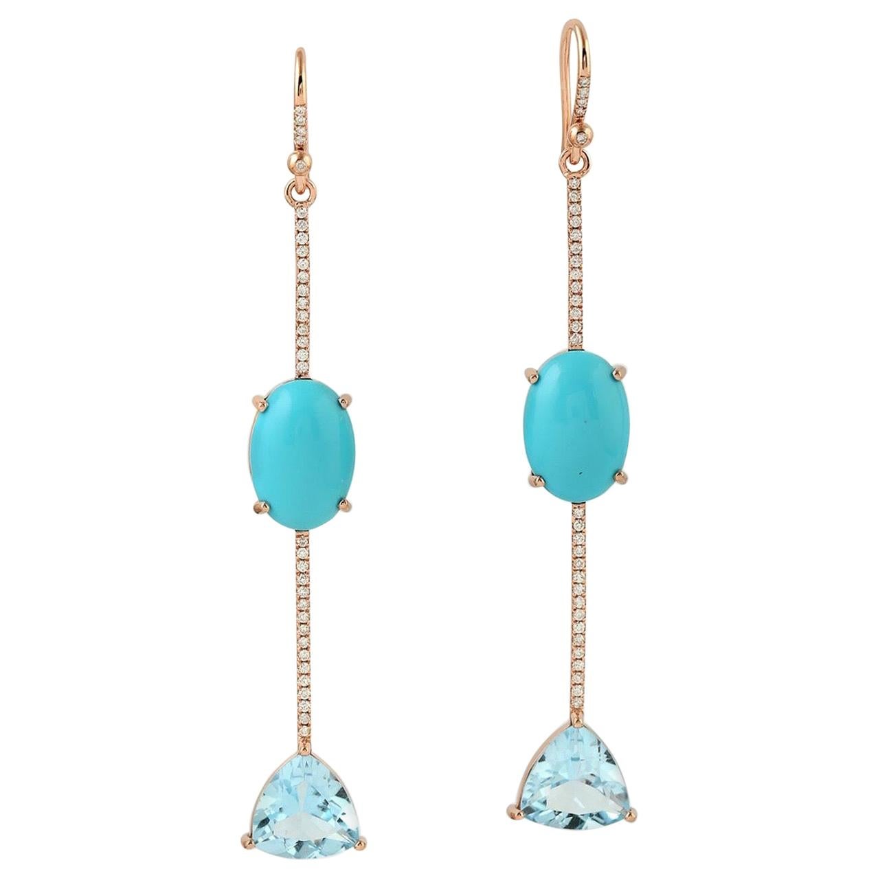 7.82 Carat Turquoise Topaz Diamond 18 Karat Gold Linear Earrings For Sale