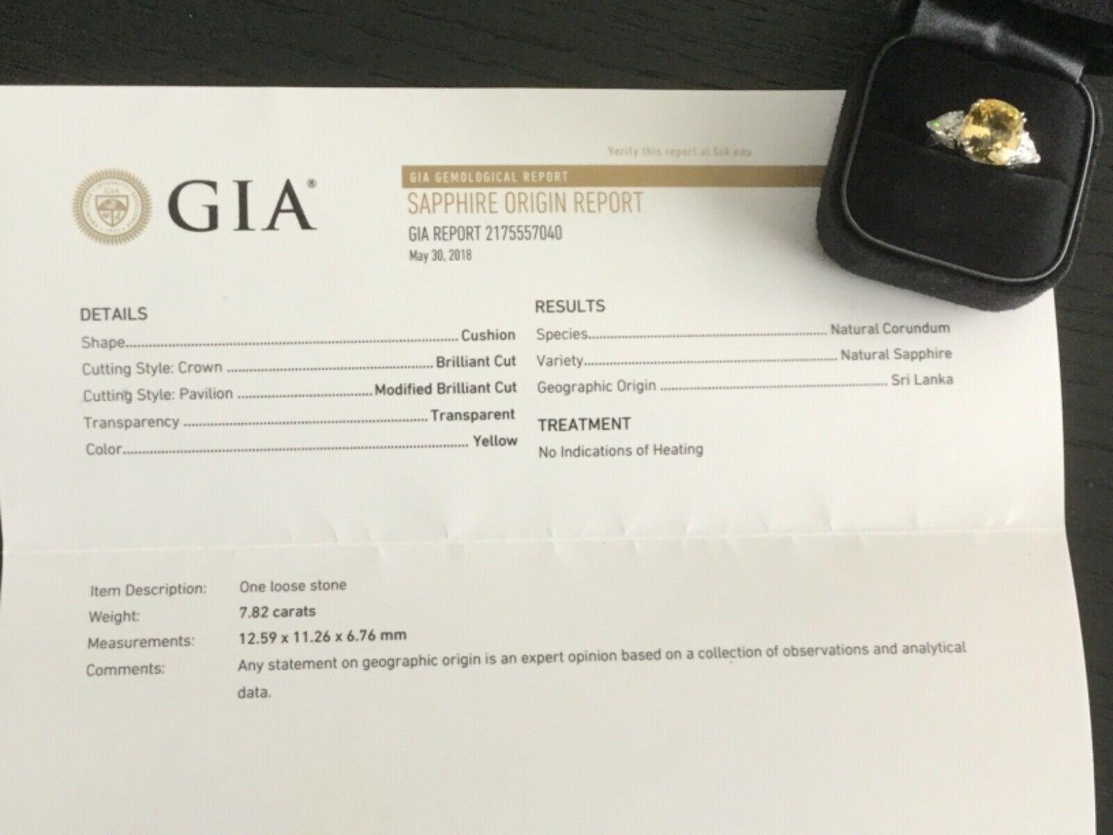 7.82 Carat Unheated Natural Yellow Sapphire and Diamond Ring GIA Certified 1