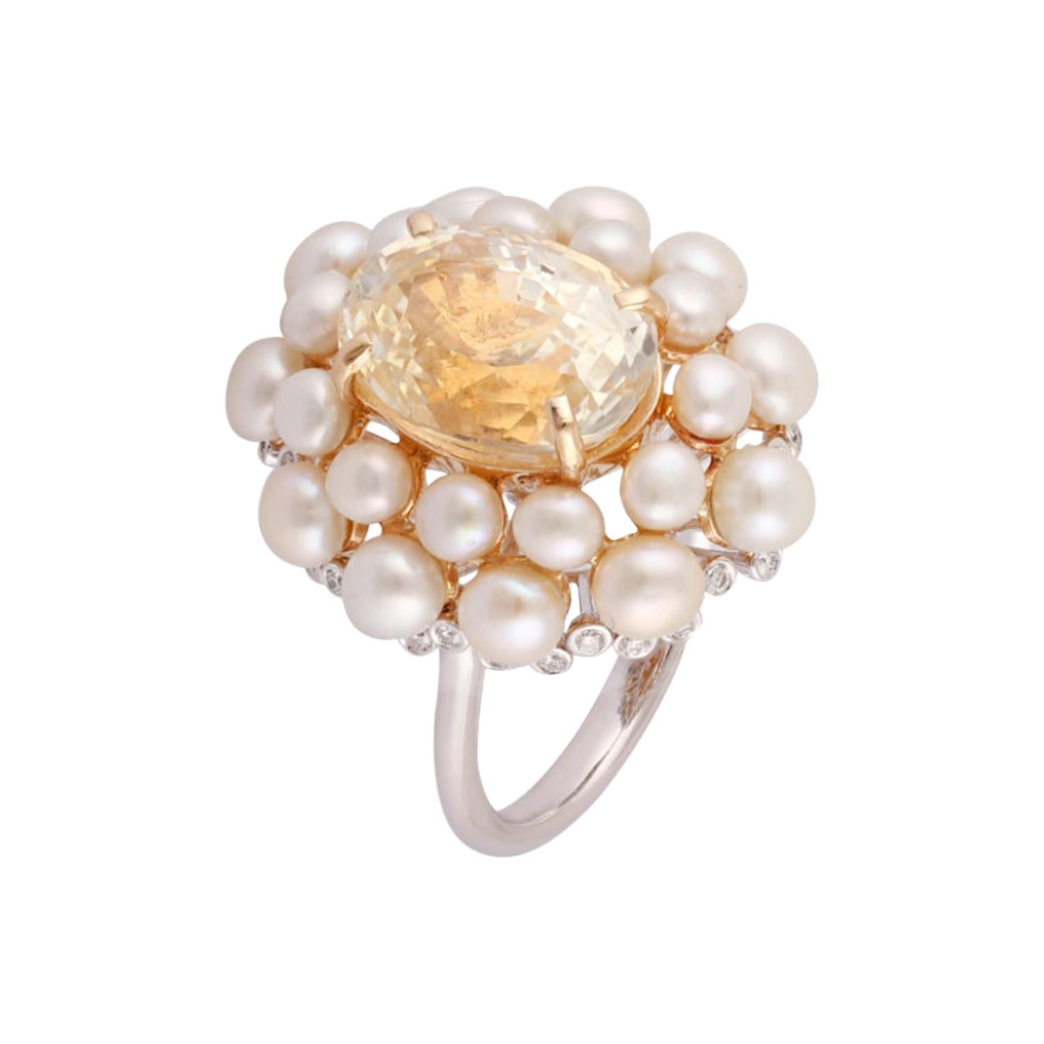 7.82 Carat Yellow Sapphire, Pearl and Diamond Ring Studded in 18 Karat Gold