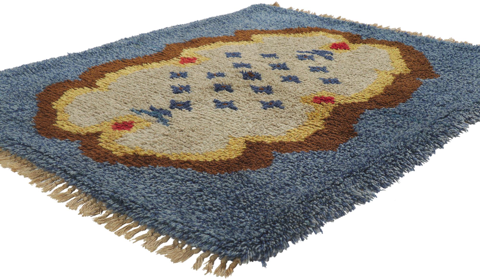 78276 Vintage Swedish Rya rug with Scandinavian Modern style 03'10 x 04'05. Full of tiny details and a bold expressive design combined with folk art tribal style, this hand-knotted wool vintage Swedish Ryijy Rya rug is a captivating vision of woven