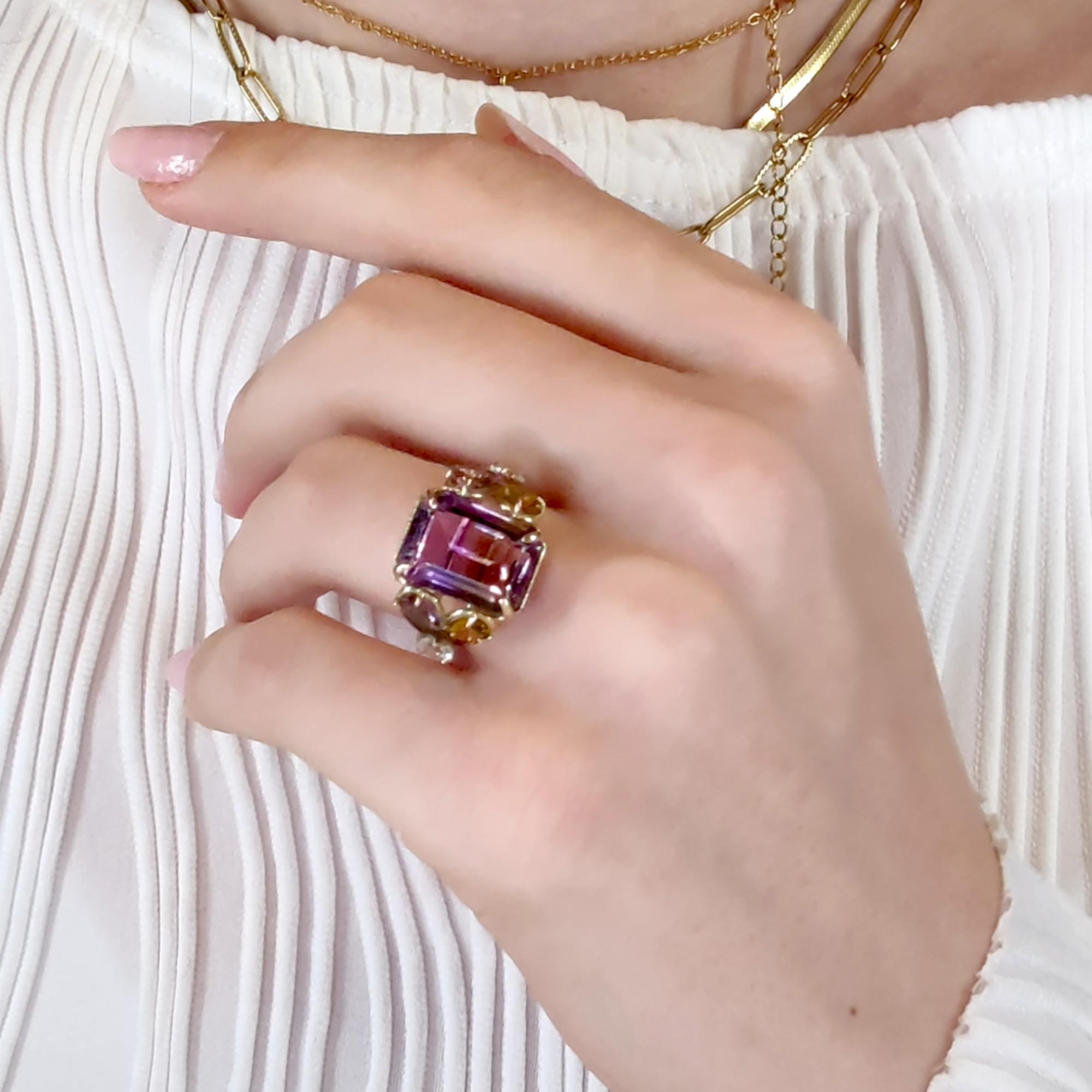 Certified 7.82ct Ametrine Tourmaline Aquamarine Cocktail Ring 14K Gold Handmade For Sale 6