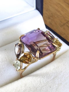 Certified 7.82ct Ametrine Tourmaline Aquamarine Cocktail Ring 14K Gold Handmade