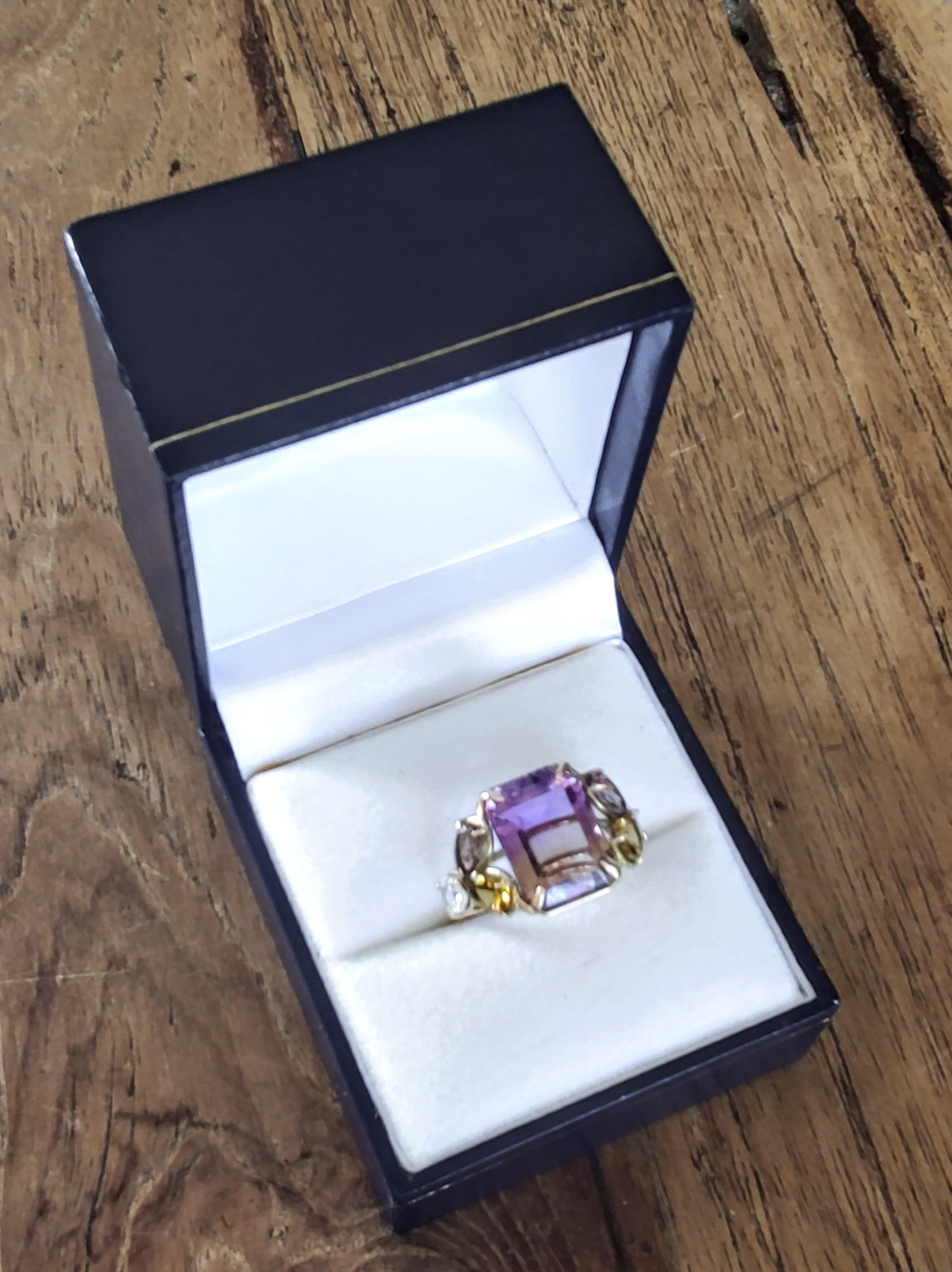 Contemporary Certified 7.82ct Ametrine Tourmaline Aquamarine Cocktail Ring 14K Gold Handmade For Sale