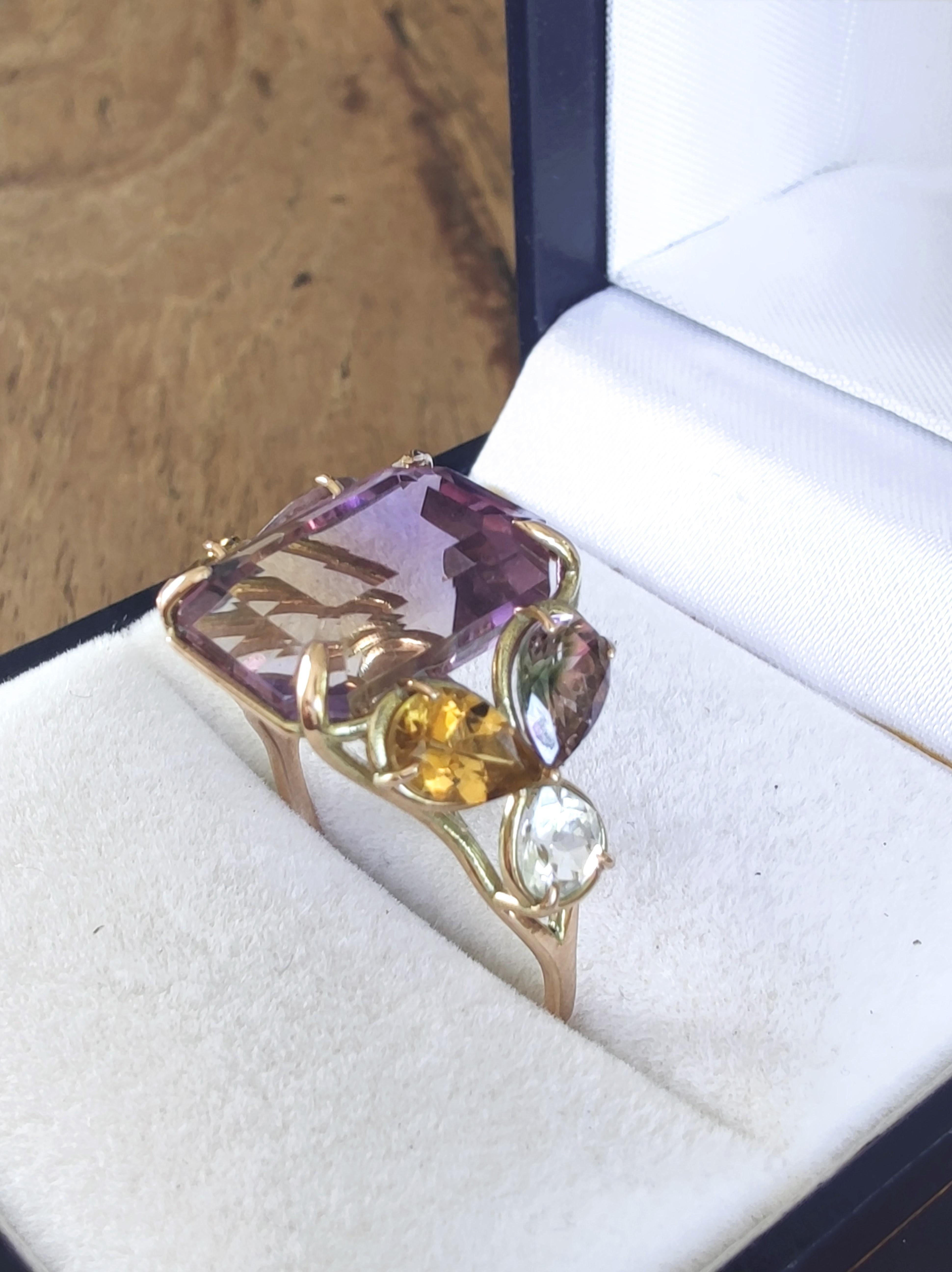 Emerald Cut Certified 7.82ct Ametrine Tourmaline Aquamarine Cocktail Ring 14K Gold Handmade For Sale