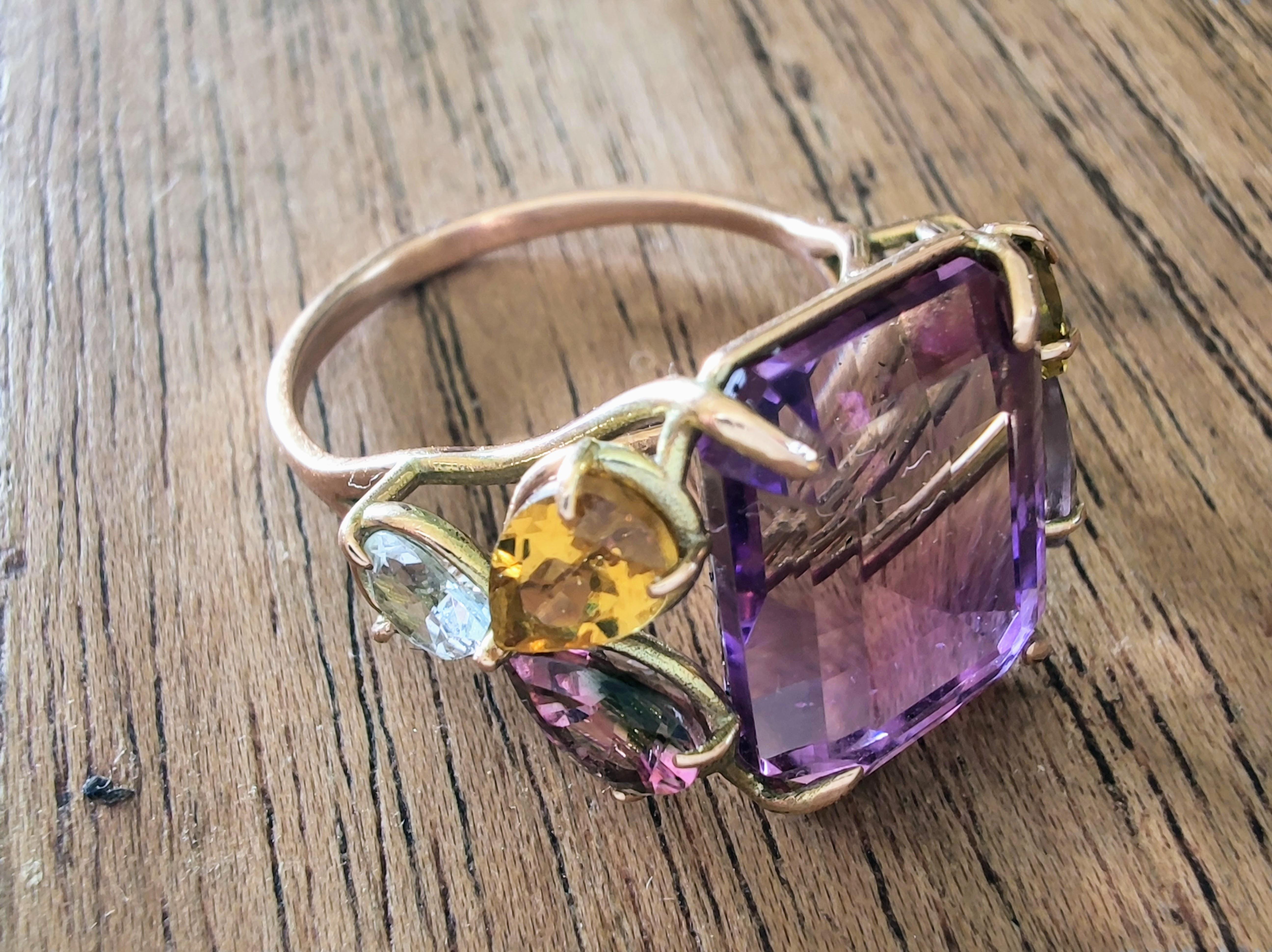 Women's Certified 7.82ct Ametrine Tourmaline Aquamarine Cocktail Ring 14K Gold Handmade For Sale