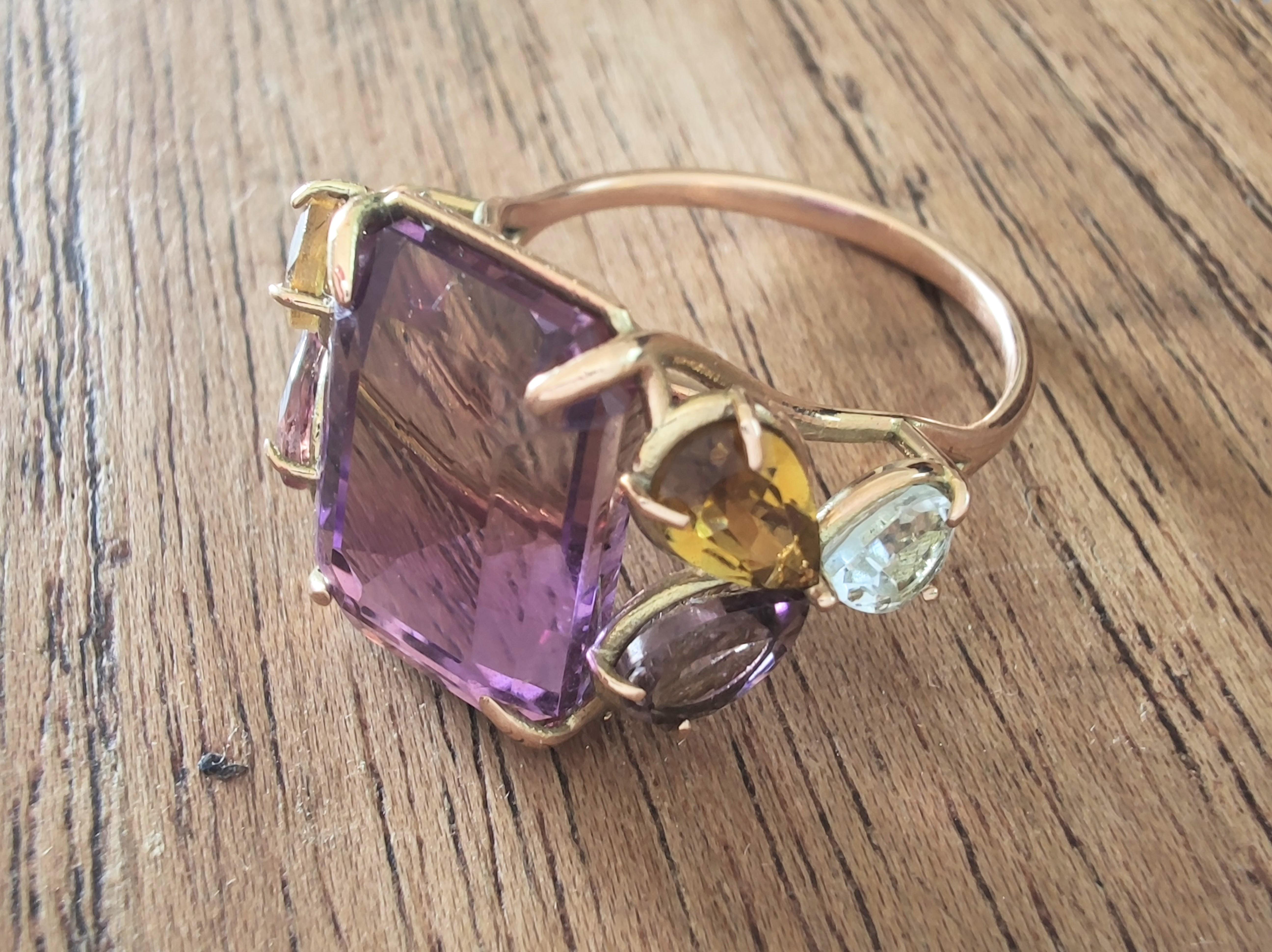 Certified 7.82ct Ametrine Tourmaline Aquamarine Cocktail Ring 14K Gold Handmade For Sale 2