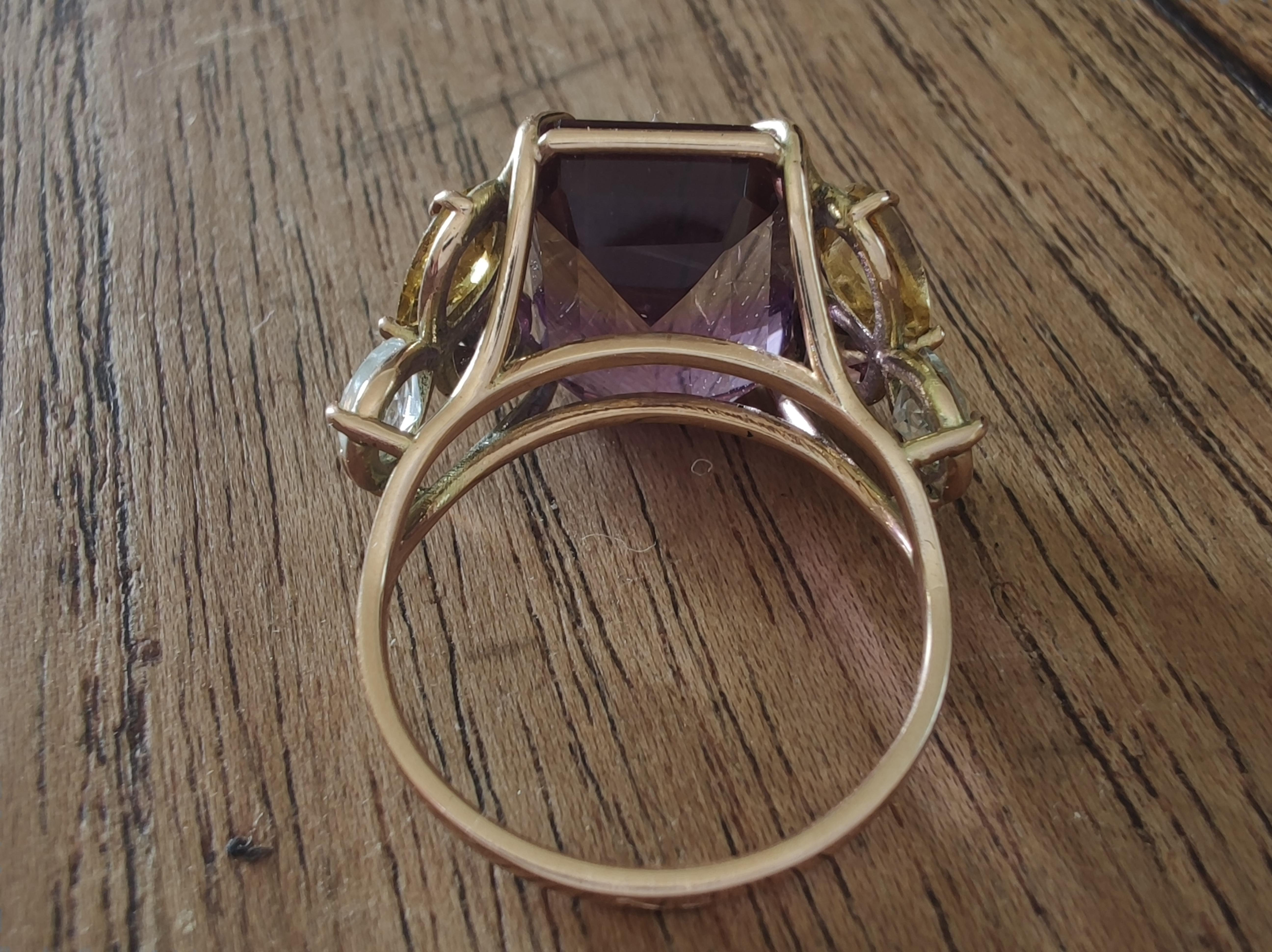 Certified 7.82ct Ametrine Tourmaline Aquamarine Cocktail Ring 14K Gold Handmade For Sale 3