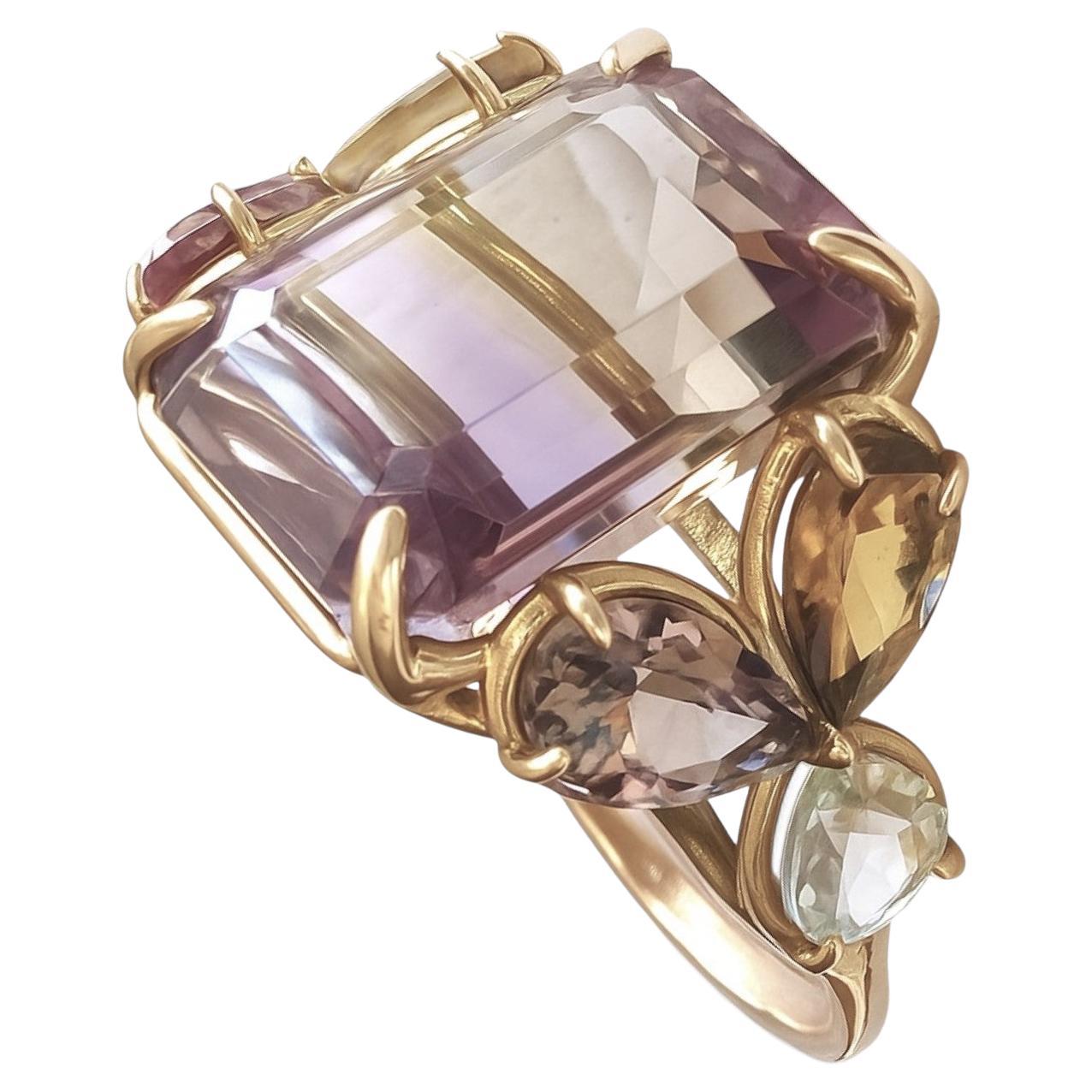 Certified 7.82ct Ametrine Tourmaline Aquamarine Cocktail Ring 14K Gold Handmade For Sale