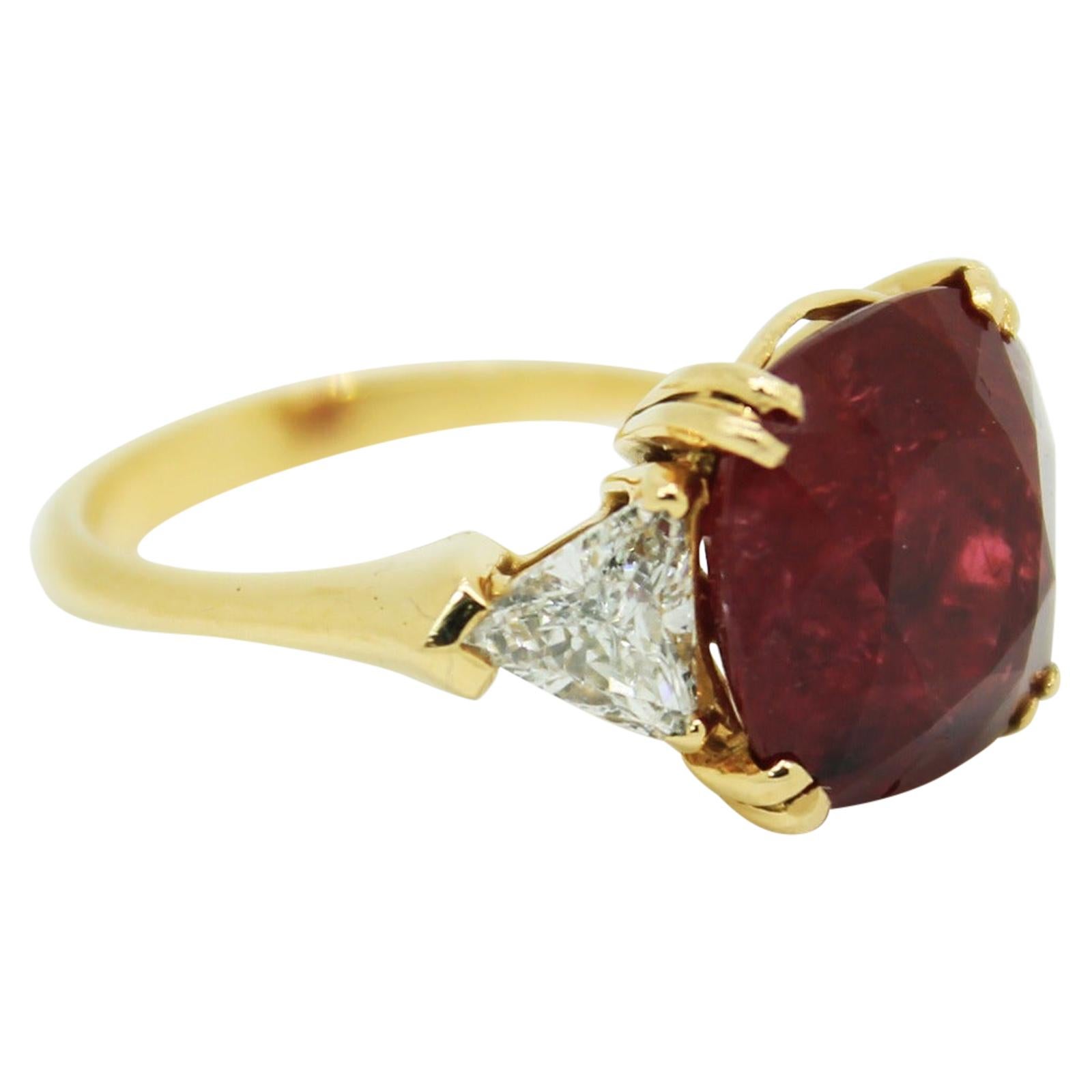 Bespoke 7 Carat Red Ruby Certified Natural No Heat Ruby Diamond Cushion Ring For Sale