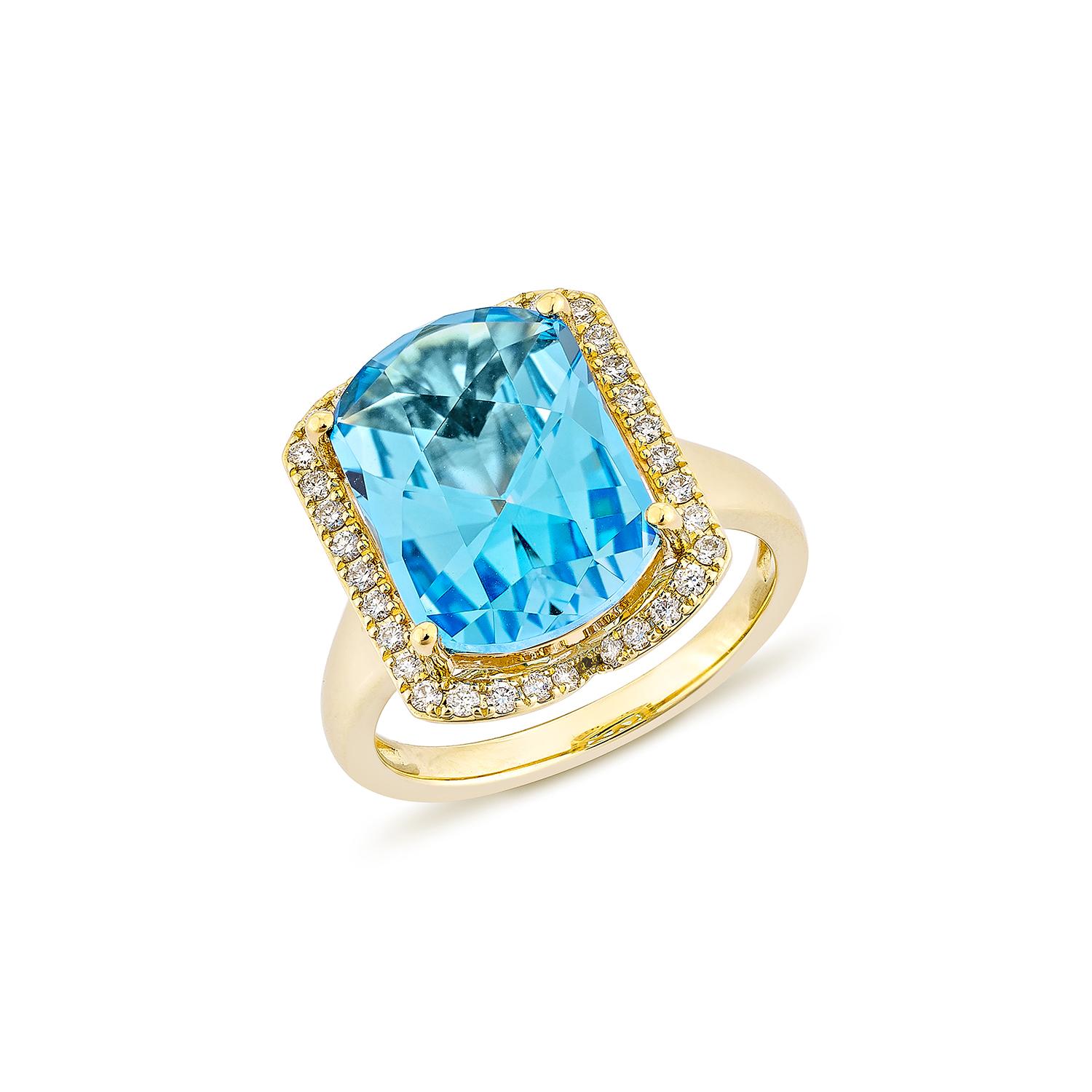 Contemporary 7.83 Carat Swiss Blue Topaz Fancy Ring in 18Karat Yellow Gold with Diamond. For Sale