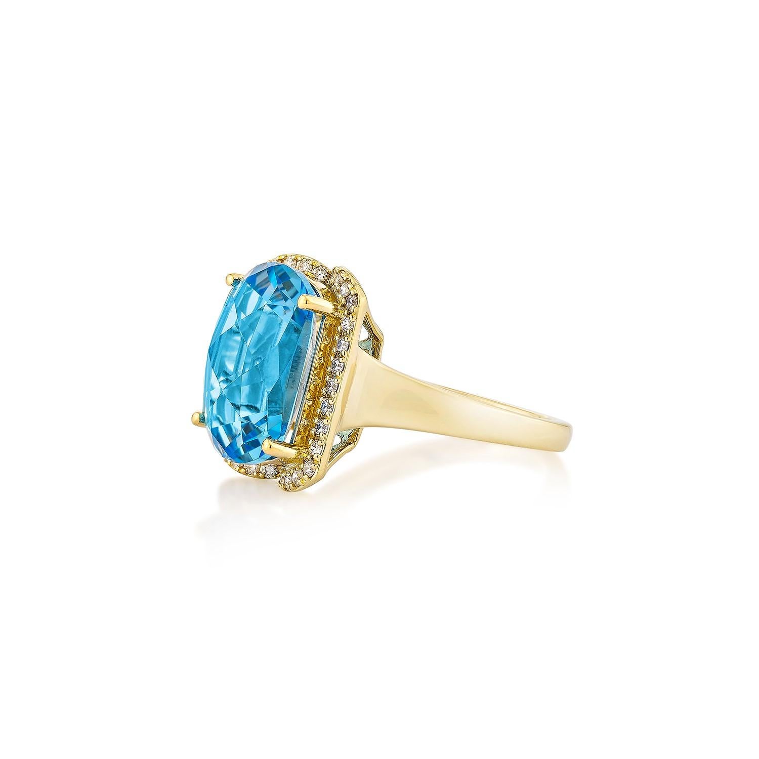Oval Cut Sunita Nahata Swiss Blue Topaz 7.83ct. Fancy Ring in 18KYG with Diamond. For Sale