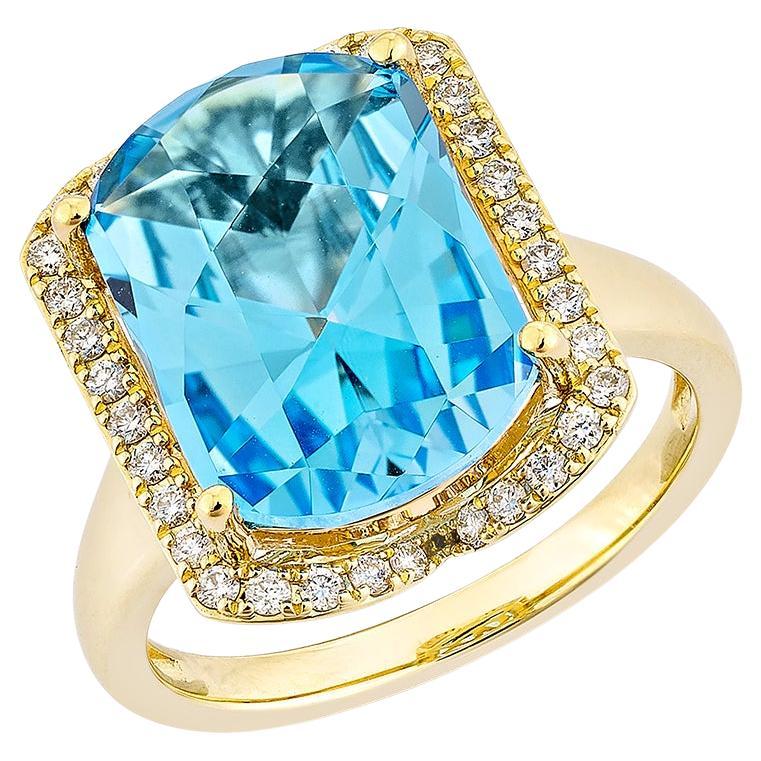 7.83 Carat Swiss Blue Topaz Fancy Ring in 18Karat Yellow Gold with Diamond. For Sale