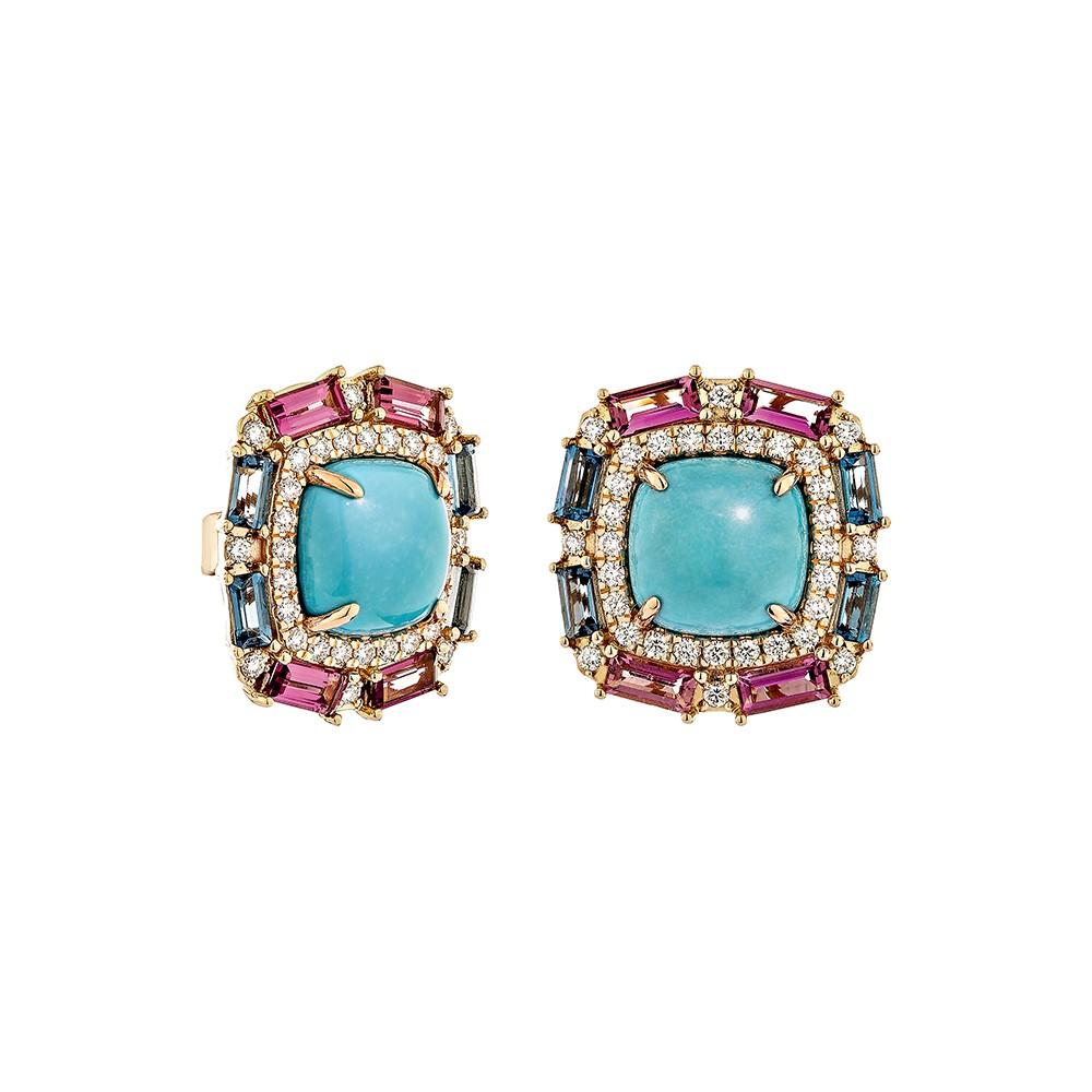 Turquoise is natural wonder that come and will bring a ray of sunshine into your life! These Turquoise stud with pink tourmaline and London blue topaz in octagon shape that surround the earrings contribute to its beauty and elegance. These Earrings