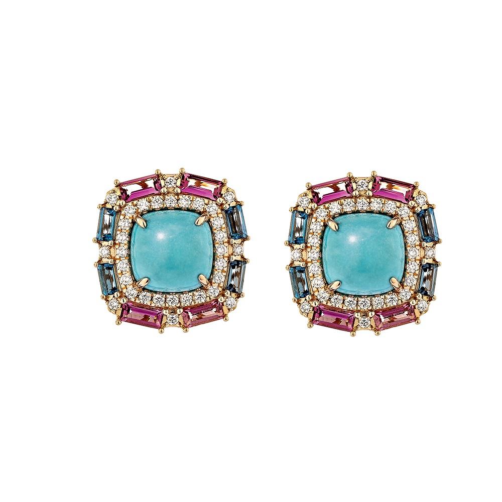 Contemporary 7.83 Carat Turquoise Stud Earrings in 18Karat Rose Gold with Multi Stone. For Sale