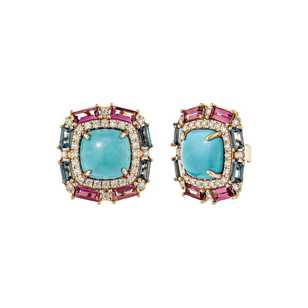 Cushion Cut Sunita Nahata Turquoise 7.83ct. Stud Earrings in 18KRG with Multi Stone. For Sale