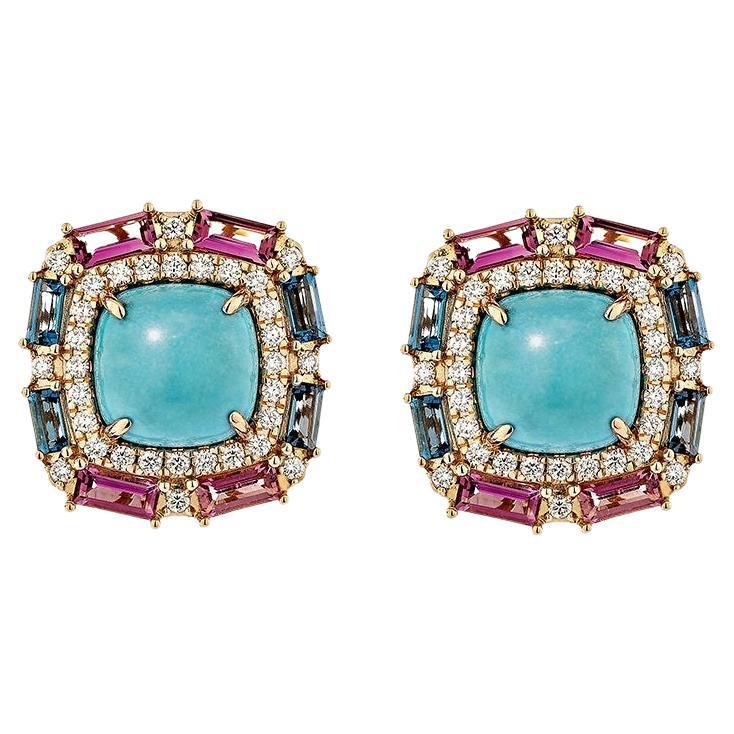 7.83 Carat Turquoise Stud Earrings in 18Karat Rose Gold with Multi Stone. For Sale