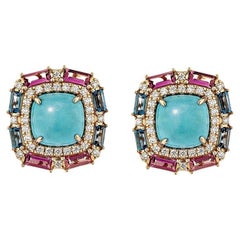 7.83 Carat Turquoise Stud Earrings in 18Karat Rose Gold with Multi Stone.
