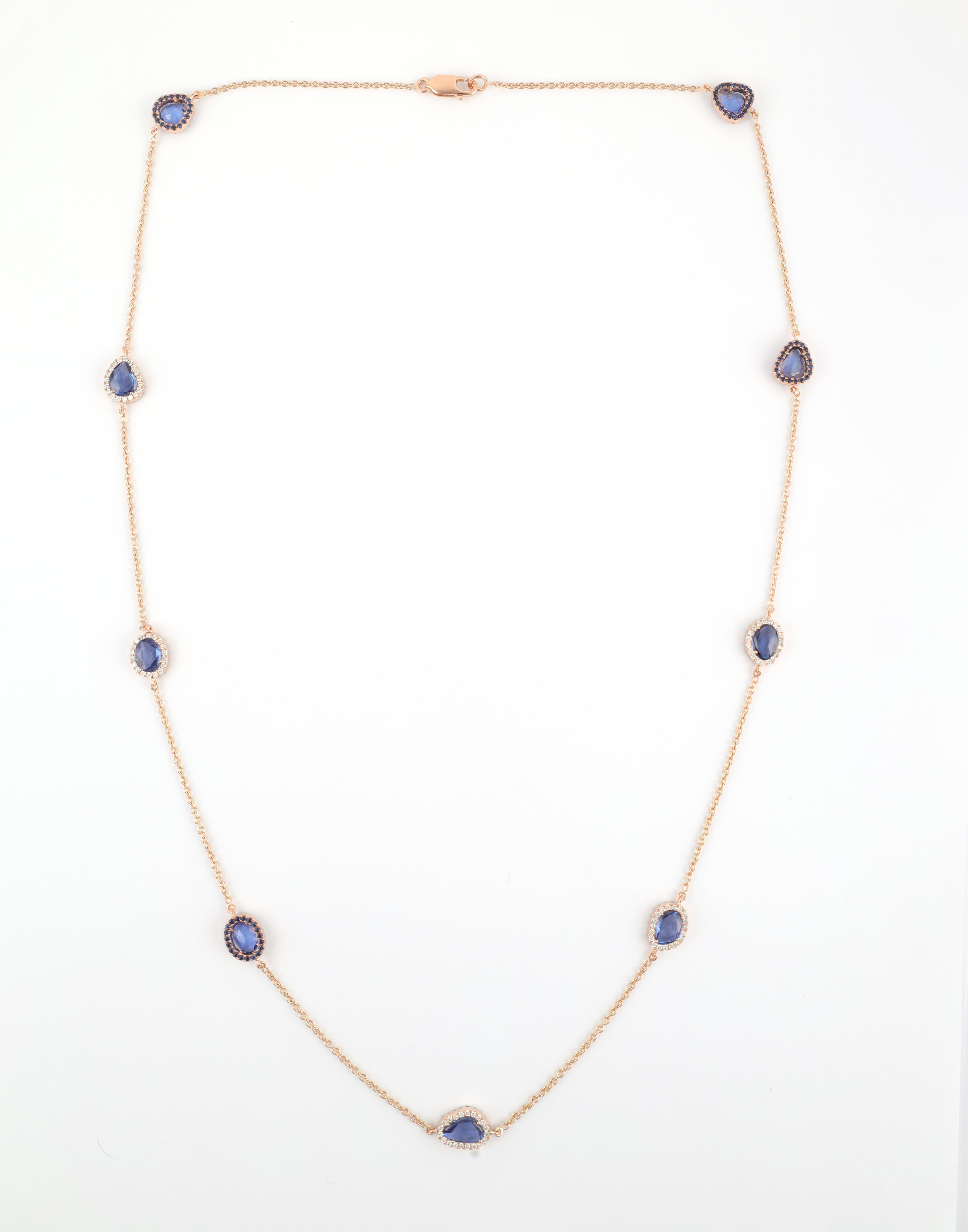 Blue Sapphire Reversible Necklace in 18K Rose Gold studded with mix cut sapphire pieces.
Accessorize your look with this elegant Blue sapphire chain necklace. This stunning piece of jewelry instantly elevates a casual look or dressy outfit.