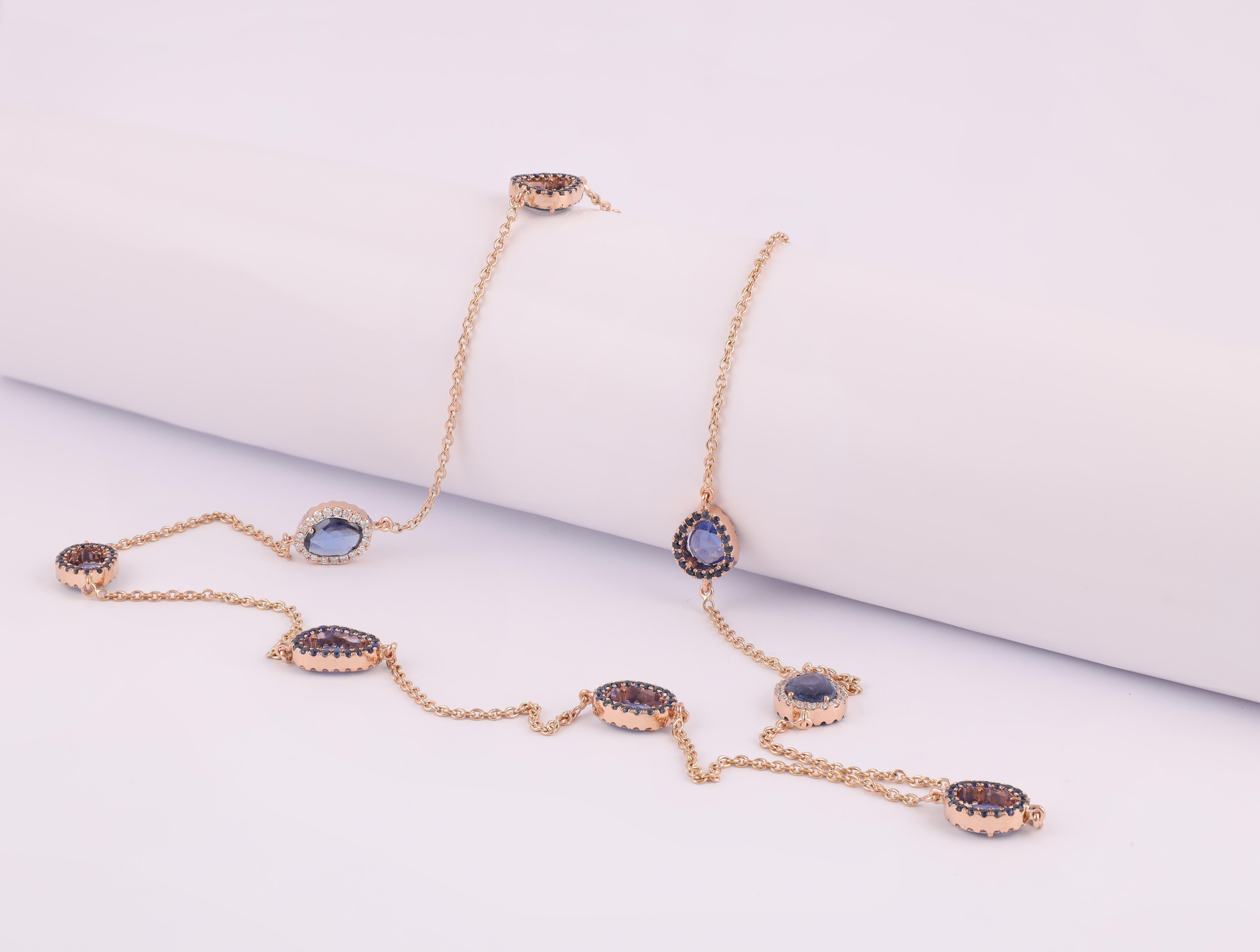 7.83 Carats Blue Sapphire & 1.23 Carats Diamond Chain Necklace in 18k Rose Gold  In New Condition For Sale In Jaipur, Rajasthan
