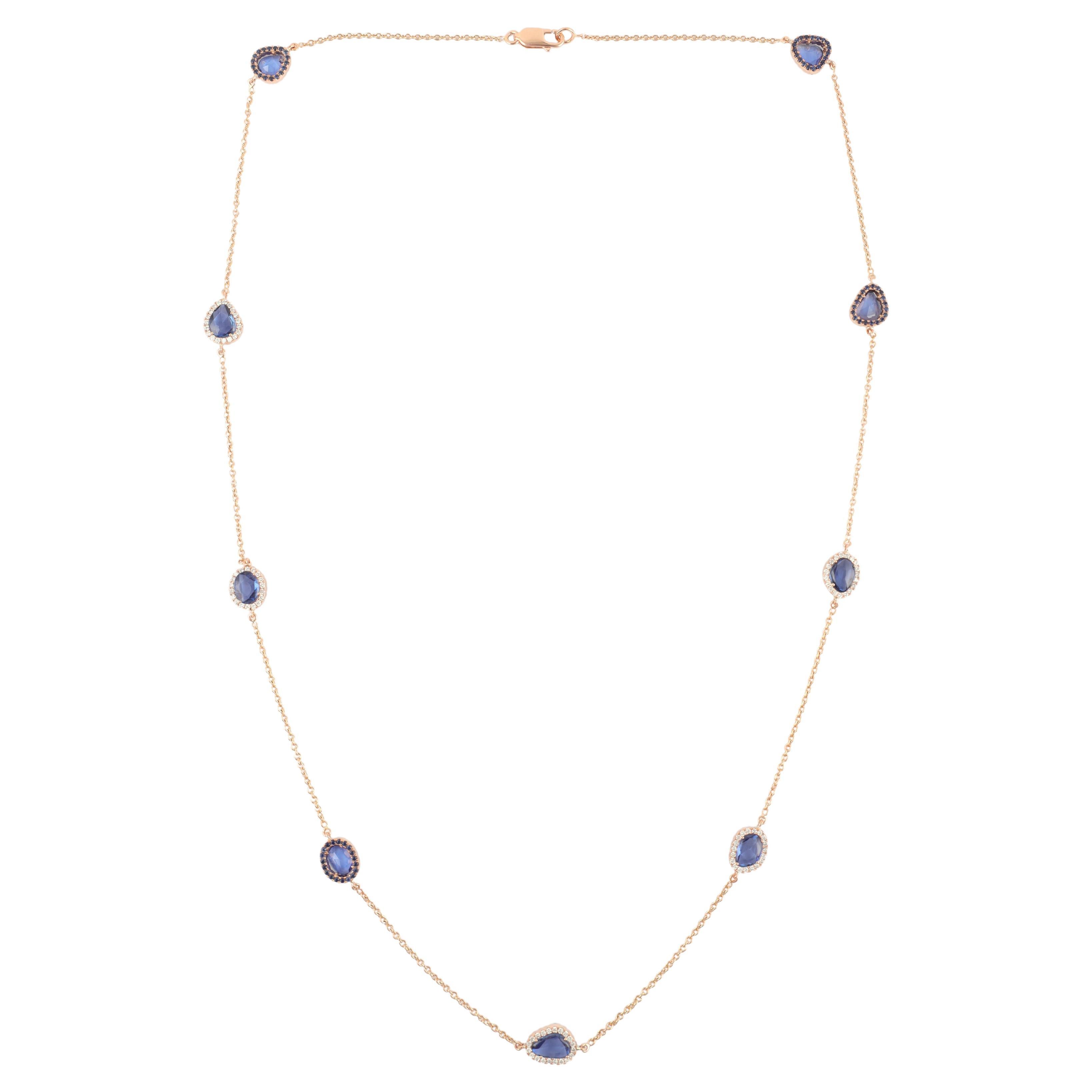 7.83 Carats Blue Sapphire & 1.23 Carats Diamond Chain Necklace in 18k Rose Gold