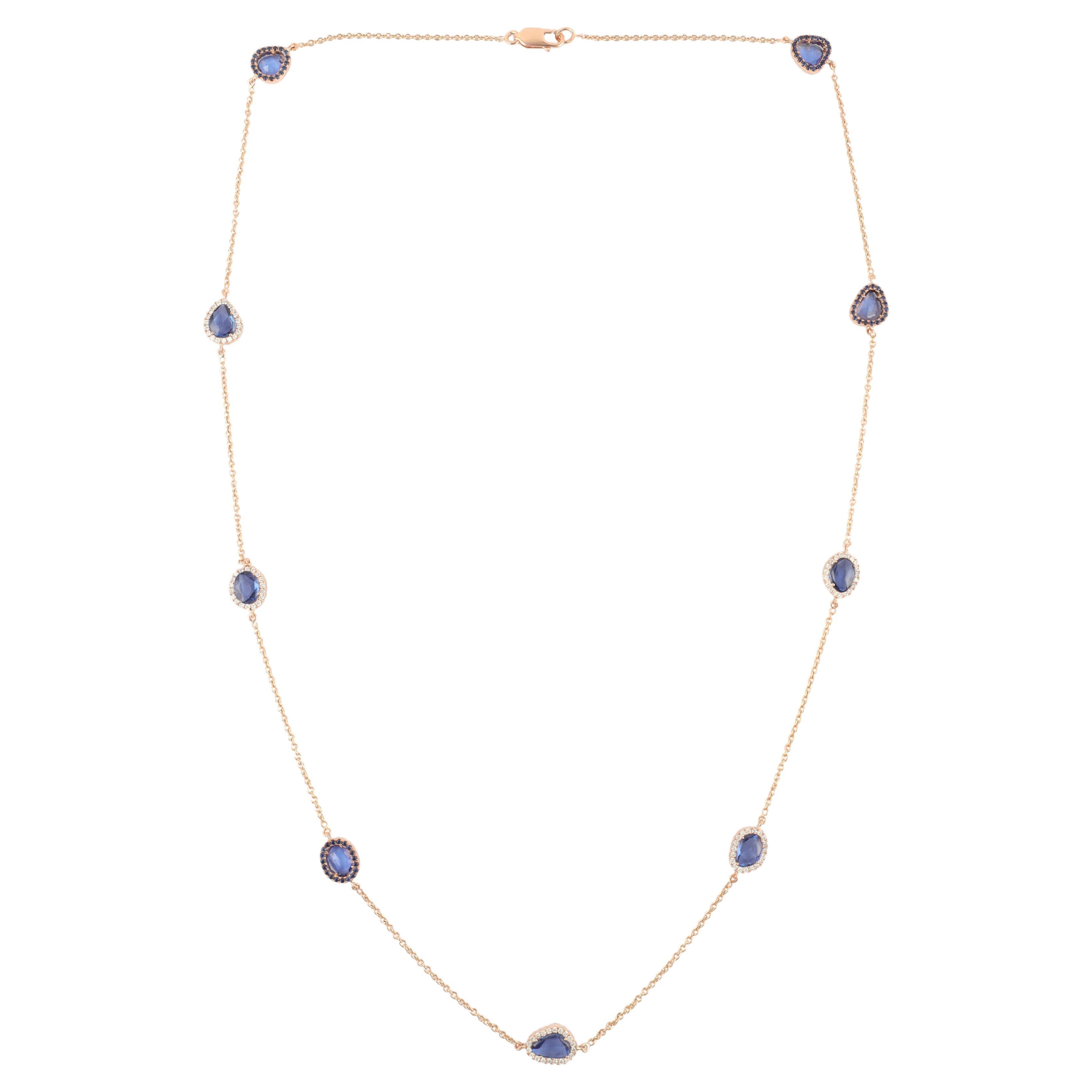 7.83 Carats Blue Sapphire & 1.23 Carats Diamond Chain Necklace in 18k Rose Gold  For Sale