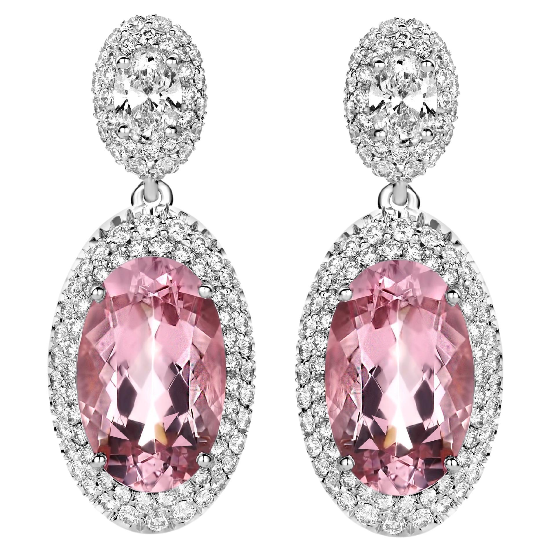 Pendants d'oreilles en or blanc 18 carats avec morganites roses sculptées de 7,83 carats et diamants de 1,70 carat