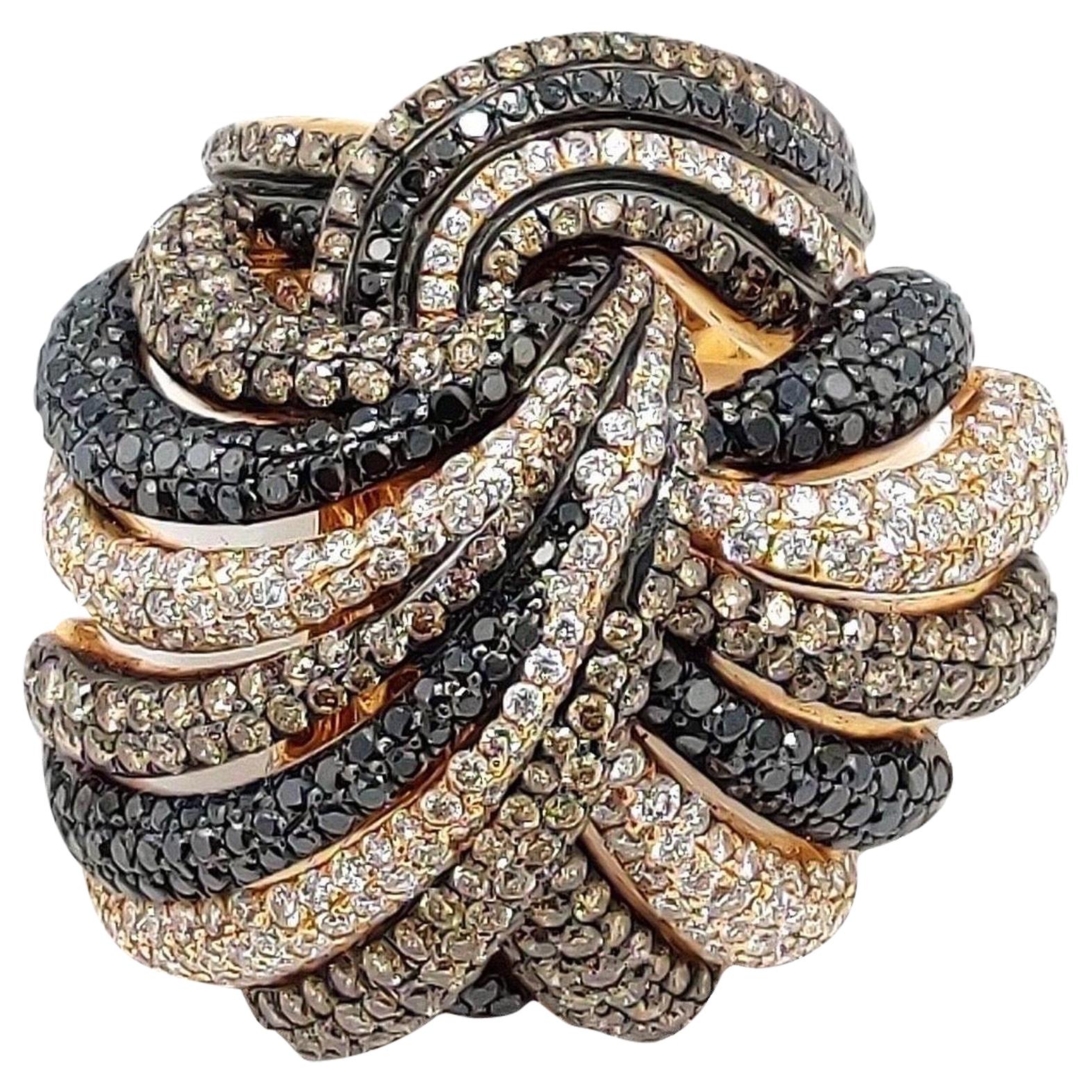 7.84 Carat Diamond 14 Karat Rose Gold Tri Color Knot Ring For Sale