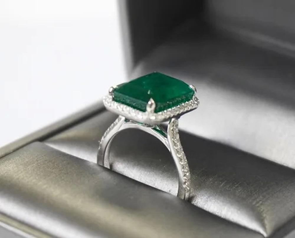 7.84 Carat Emerald Halo Ring For Sale 1