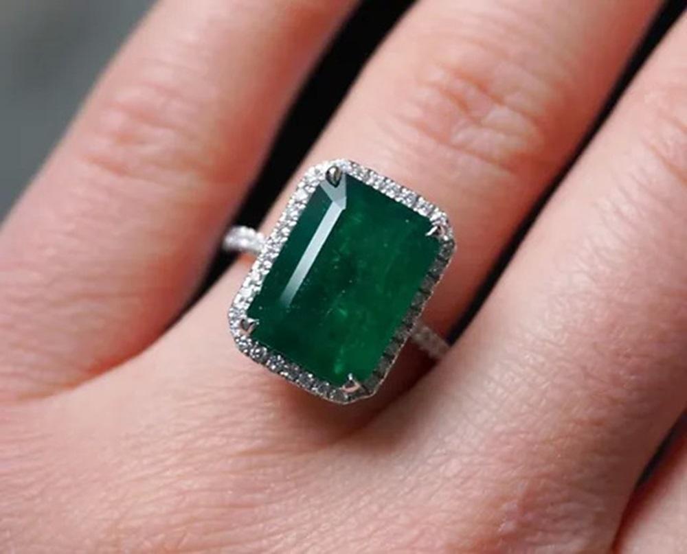 7.84 Carat Emerald Halo Ring For Sale 2