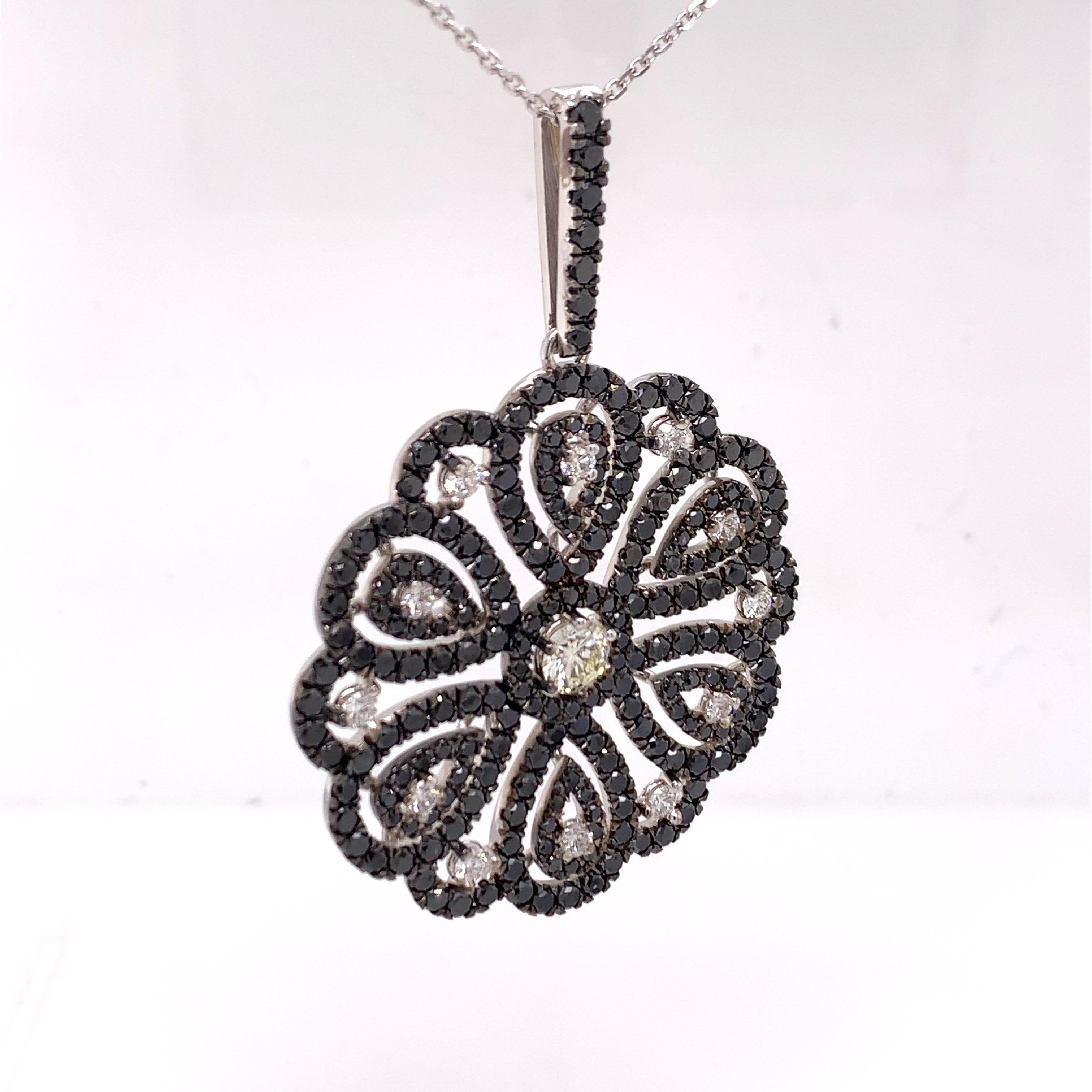 Round Cut 7.84 Carat Flower Pendant with Black & White Diamonds For Sale