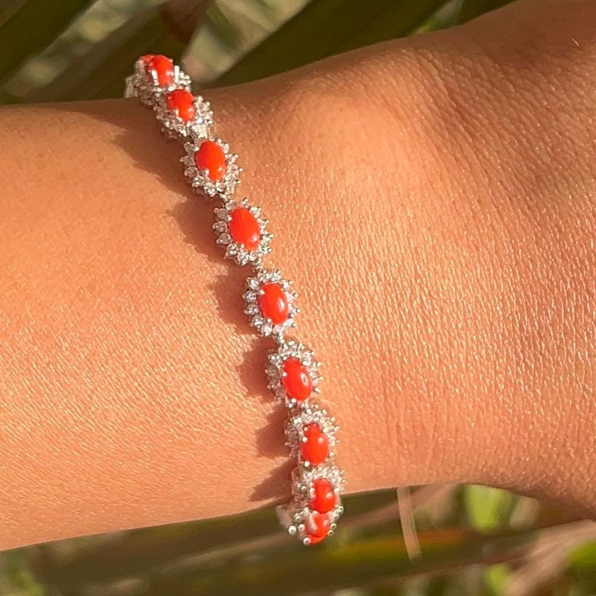7.84 Carat Natural Italian Coral & CZ 925 Silver Tennis Bracelet in sterling silver. You shall need statement tennis bracelet to make a statement with your look. Each piece features dazzling cubic zirconia stones, renowned for their brilliance and