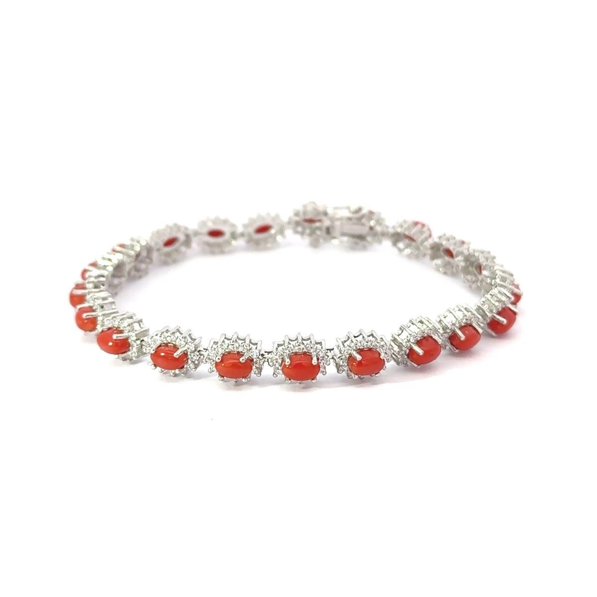 Modernist 7.84 Carat Natural Italian Coral & CZ 925 Silver Tennis Bracelet Gift for Her For Sale
