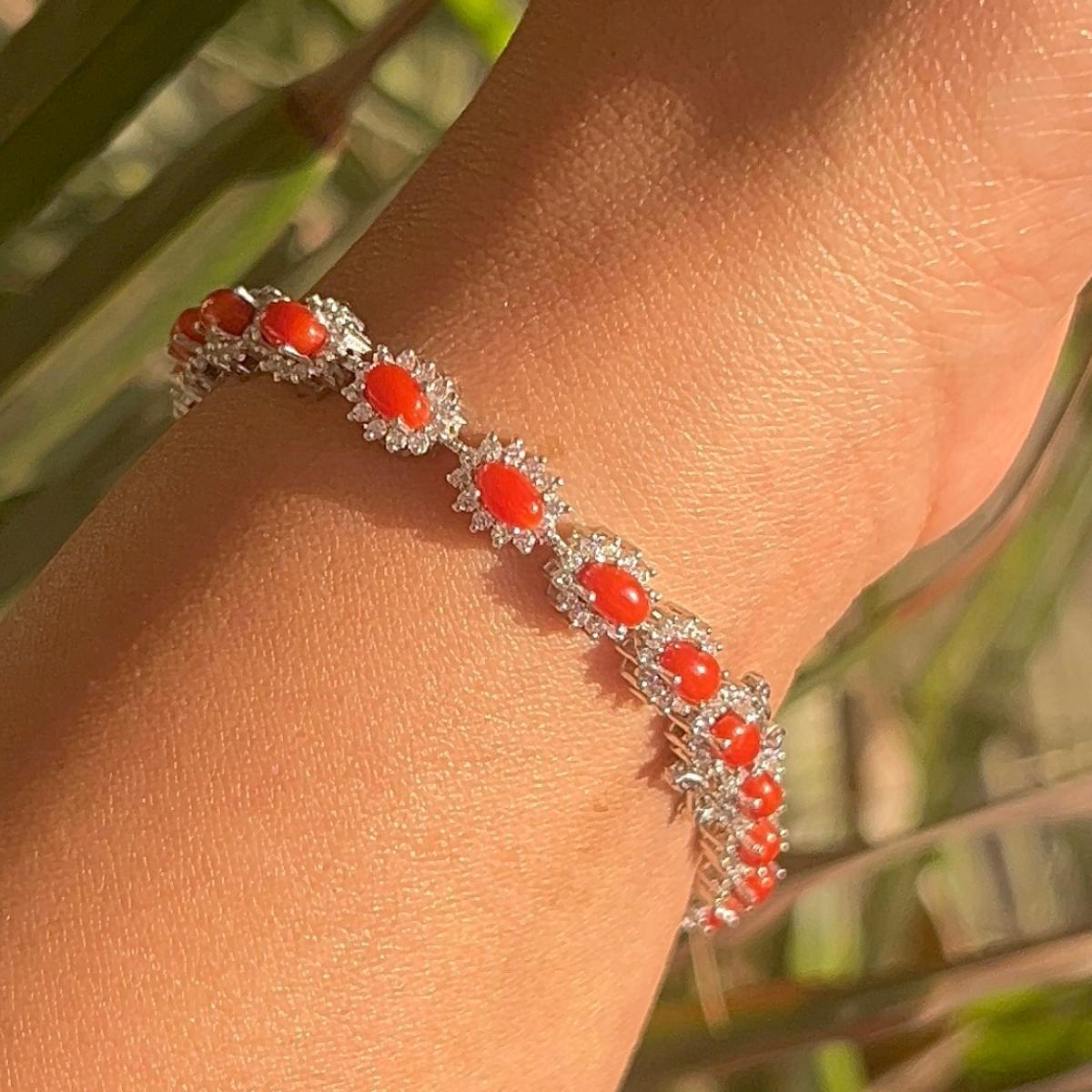 Mixed Cut 7.84 Carat Natural Italian Coral & CZ 925 Silver Tennis Bracelet Gift for Her For Sale