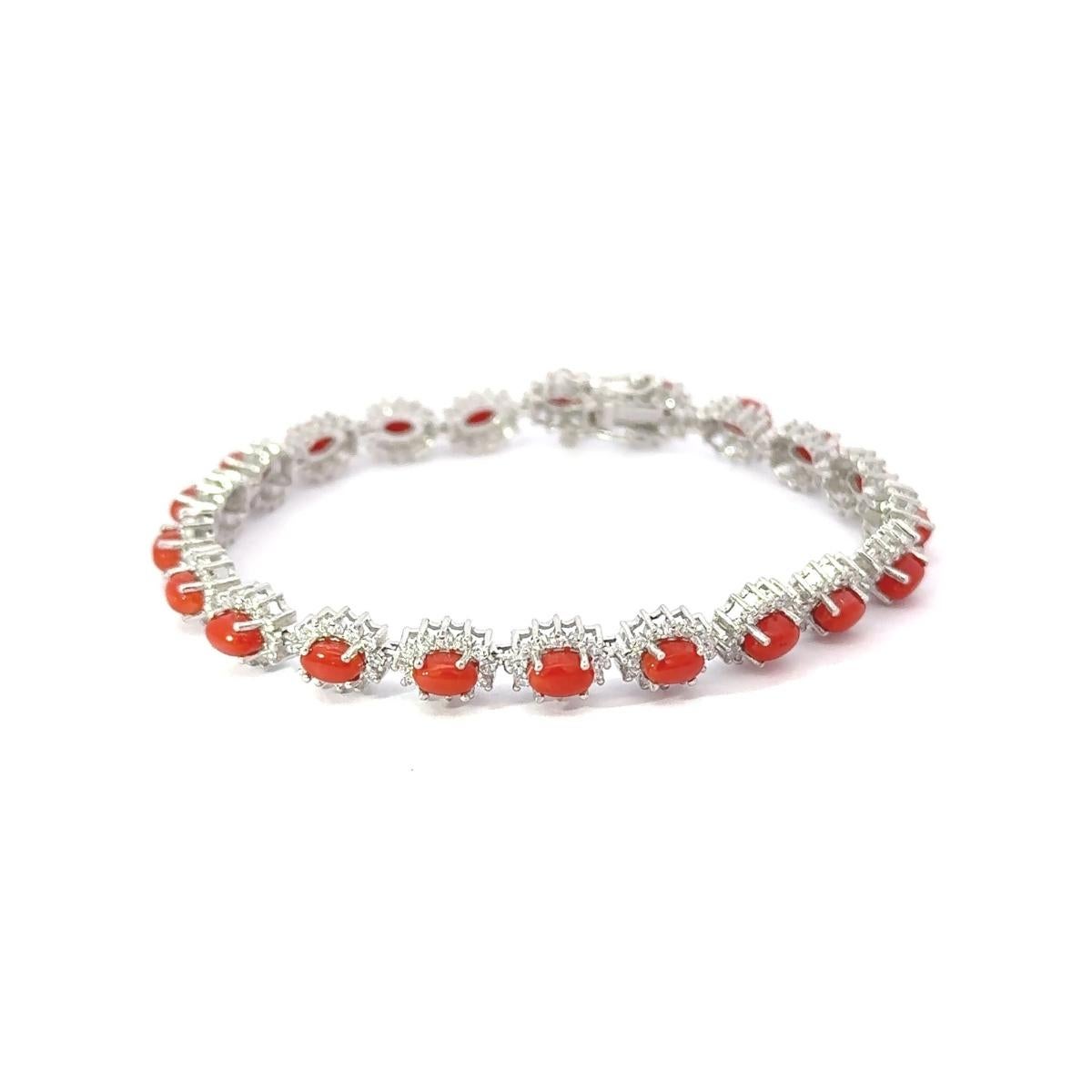 7.84 Carat Natural Italian Coral & CZ 925 Silver Tennis Bracelet Gift for Her In New Condition For Sale In New York, NY