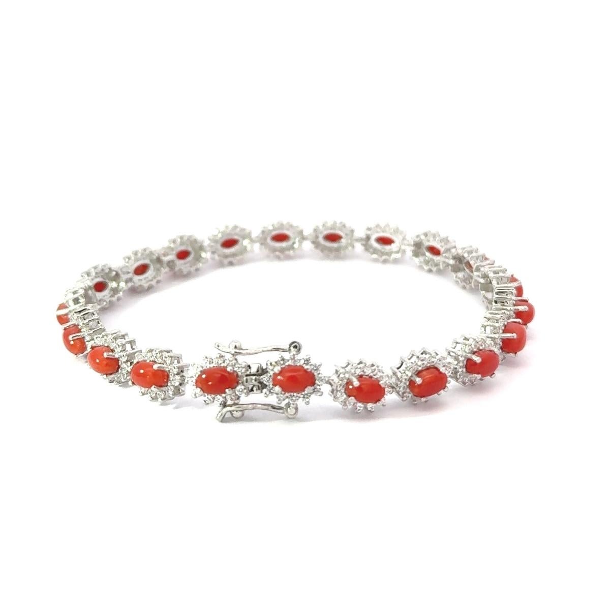 Women's 7.84 Carat Natural Italian Coral & CZ 925 Silver Tennis Bracelet Gift for Her For Sale