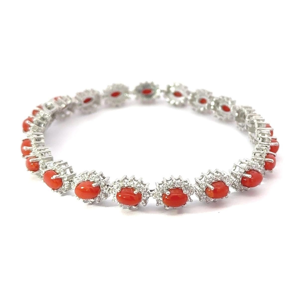 7.84 Carat Natural Italian Coral & CZ 925 Silver Tennis Bracelet Gift for Her For Sale 2