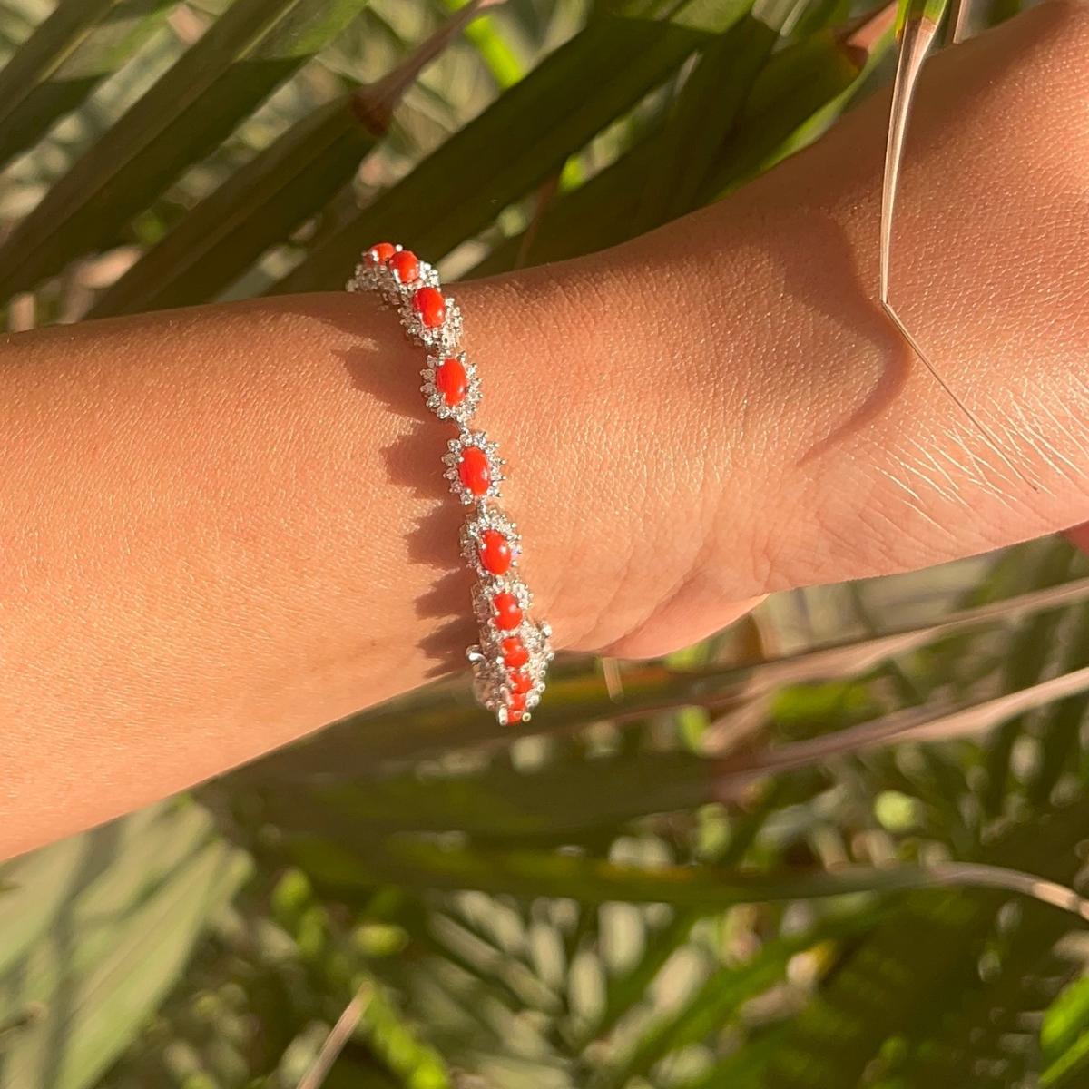 7.84 Carat Natural Italian Coral & CZ 925 Silver Tennis Bracelet Gift for Her For Sale 3