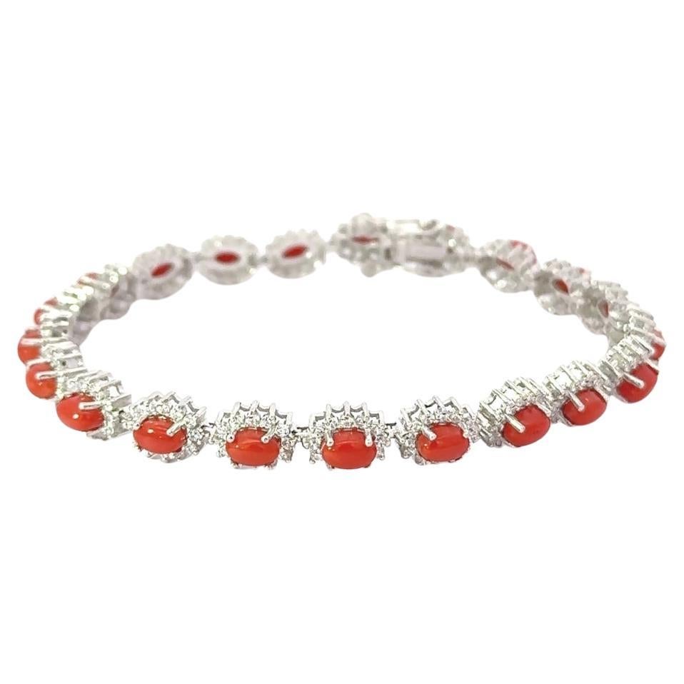7.84 Carat Natural Italian Coral & CZ 925 Silver Tennis Bracelet Gift for Her For Sale