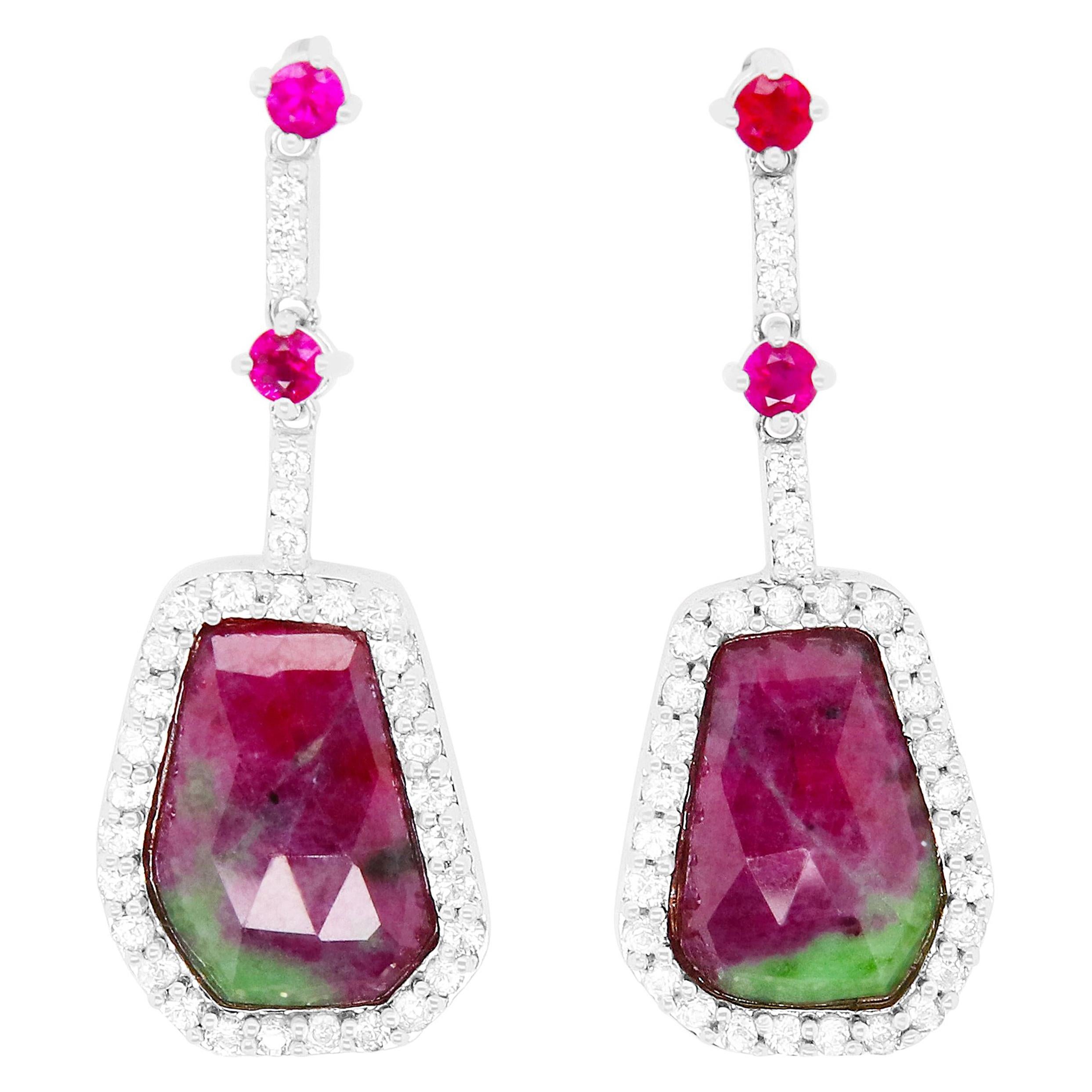 Hexagon Ruby-Zoisite, Round Ruby, and White Sapphire Drop Earrings