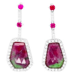 Hexagon Ruby-Zoisite, Round Ruby, and White Sapphire Drop Earrings