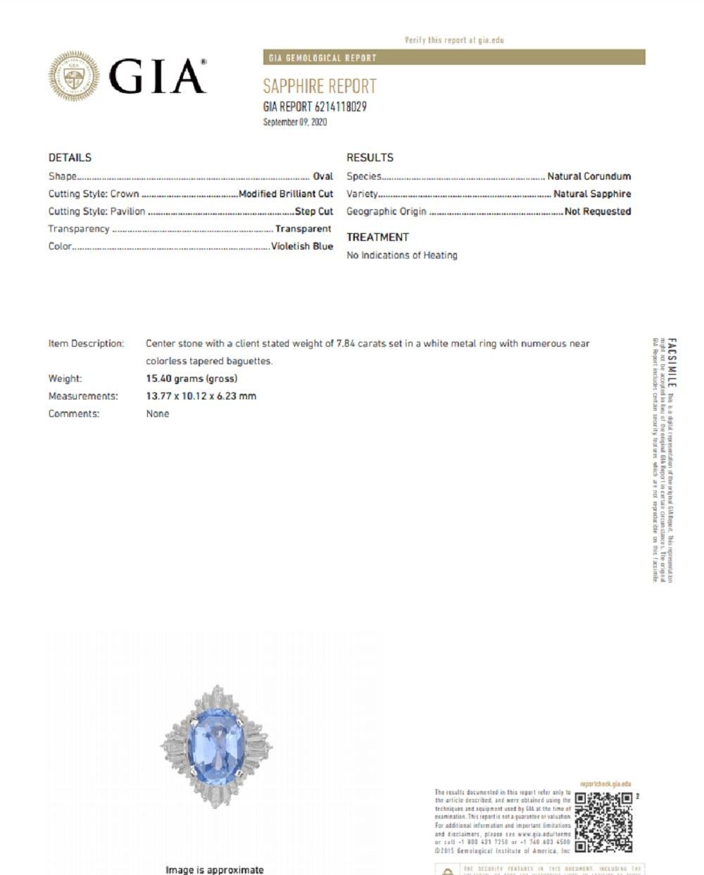 7.84 Carat Sapphire Diamond Platinum Ring, GIA Certified No-Heat For Sale 1