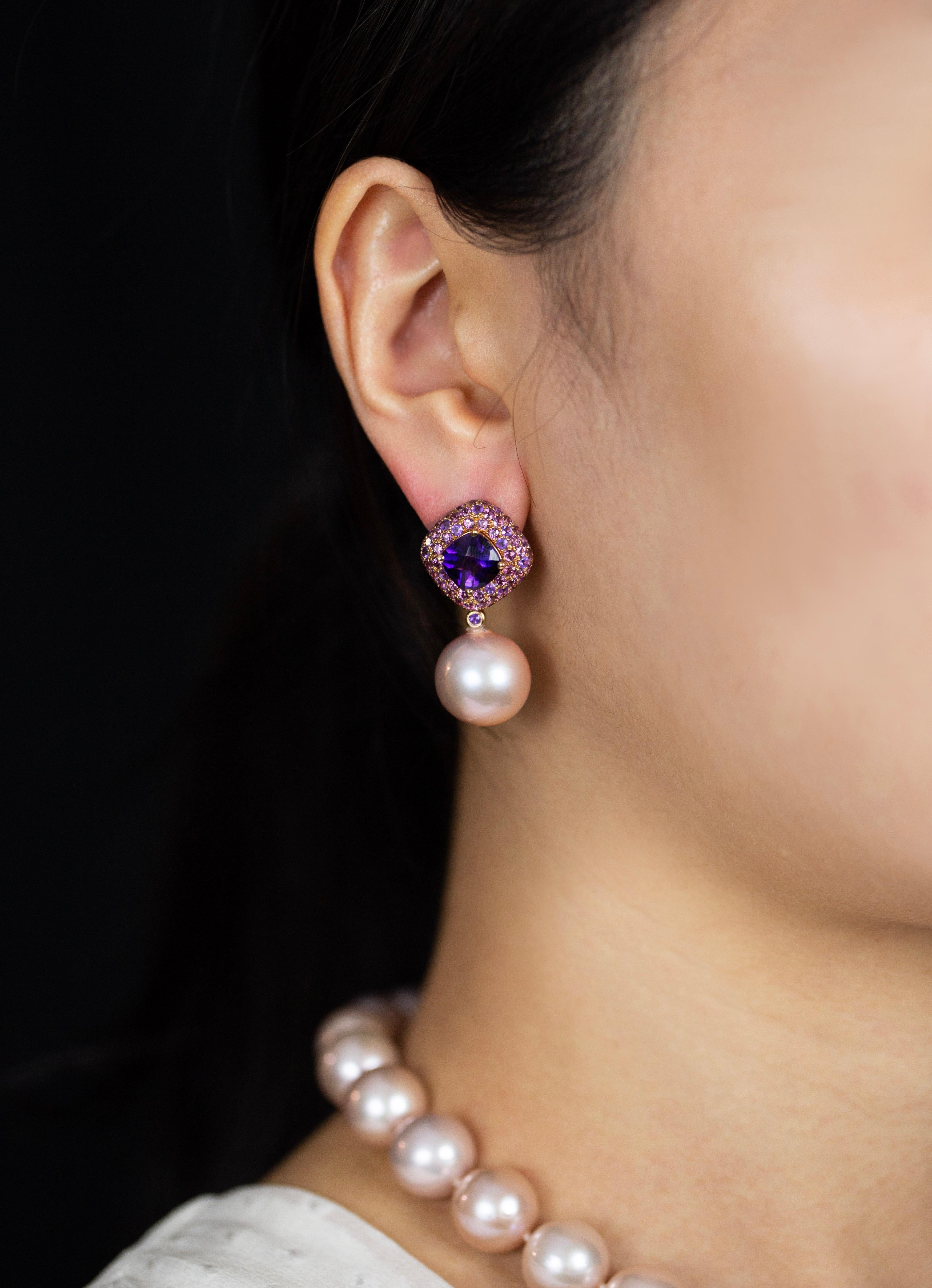 Contemporary 7.84 Carats Total Garnet and Amethyst with Dangling Pink Pearl Earrings For Sale