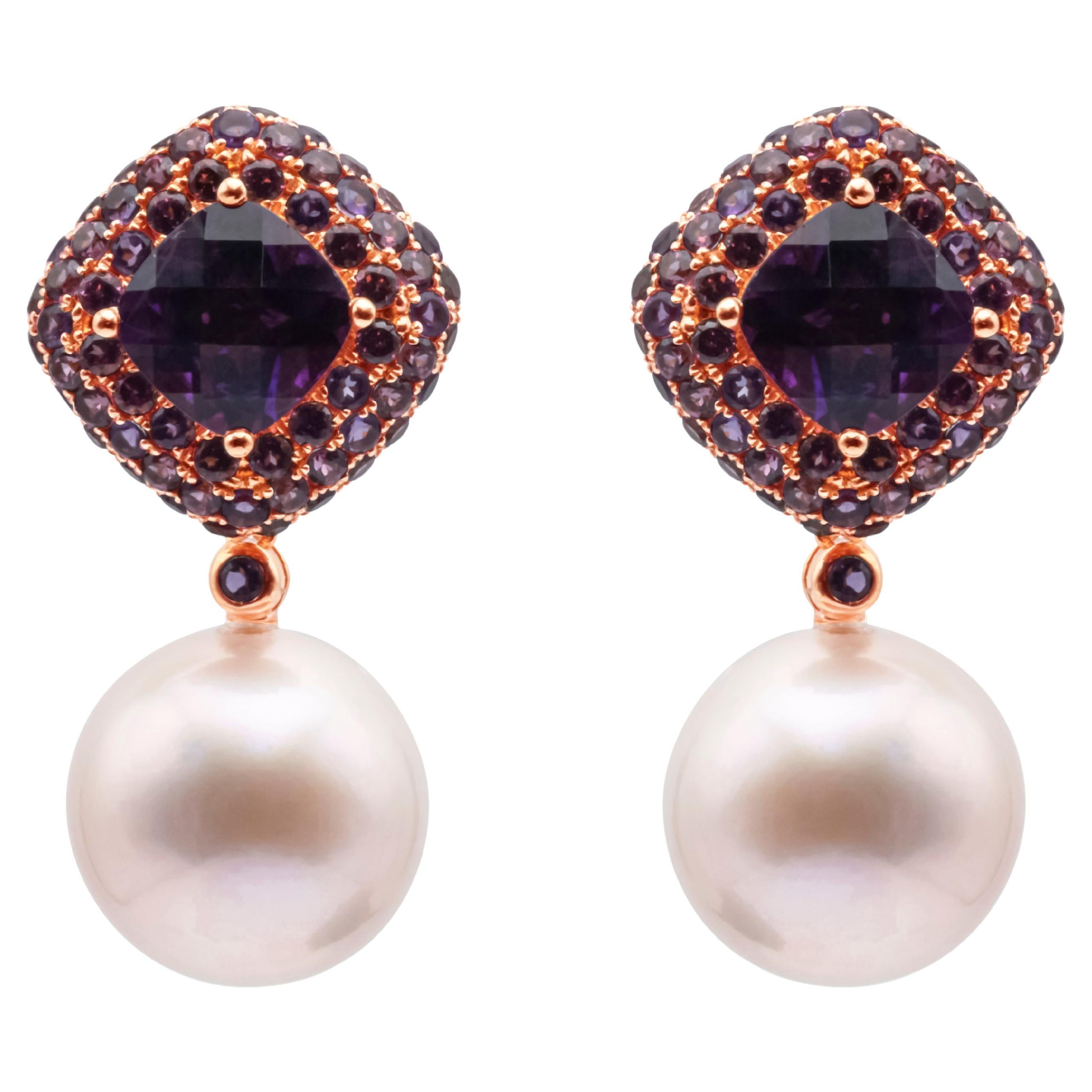 7.84 Carats Total Garnet and Amethyst with Dangling Pink Pearl Earrings For Sale