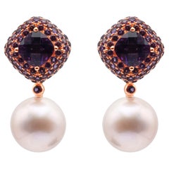 7.84 Carats Total Garnet and Amethyst with Dangling Pink Pearl Earrings