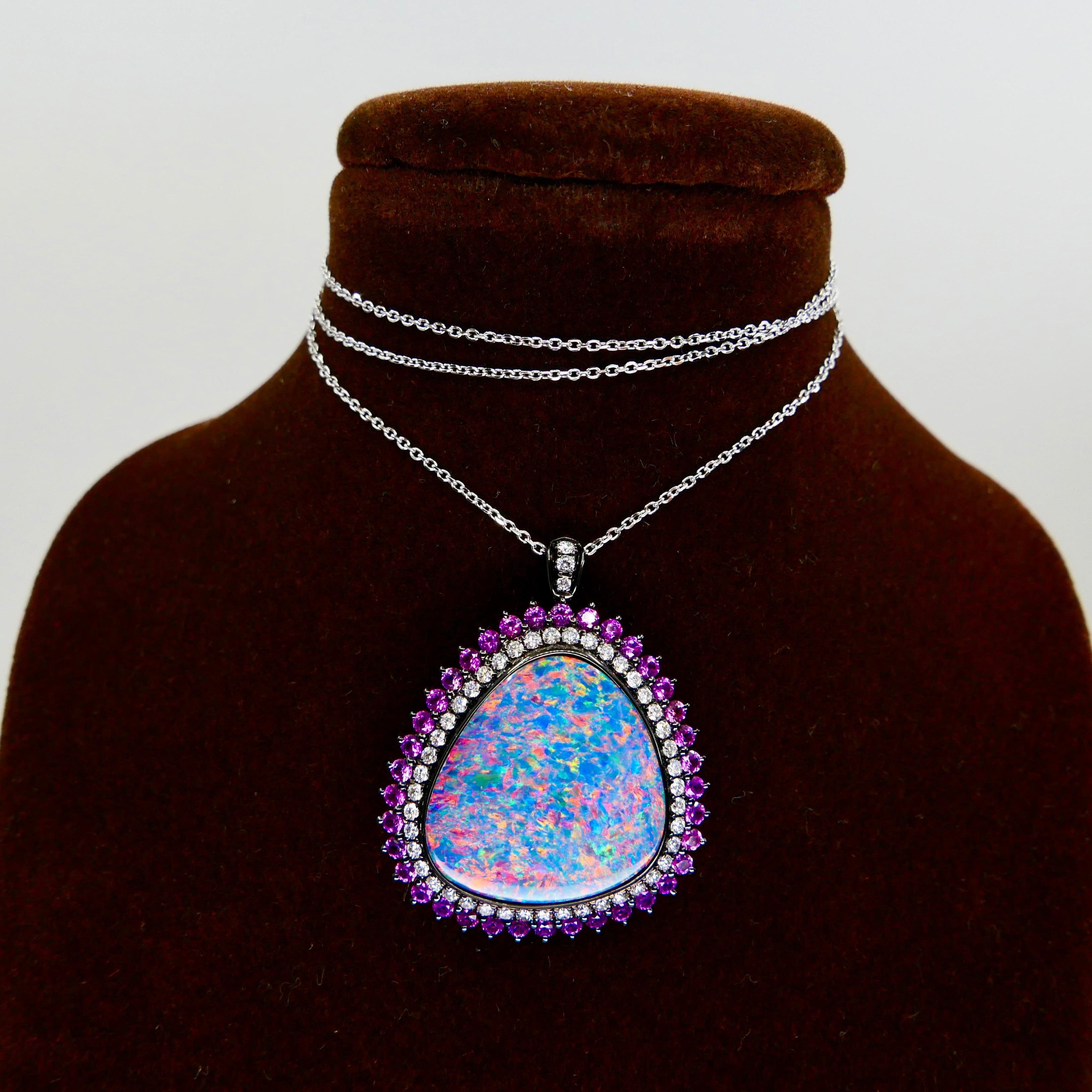 7.84 Cts Au Opal, Pink Sapphire & Diamond Ring Pendant, Superb Play of Colors For Sale 5